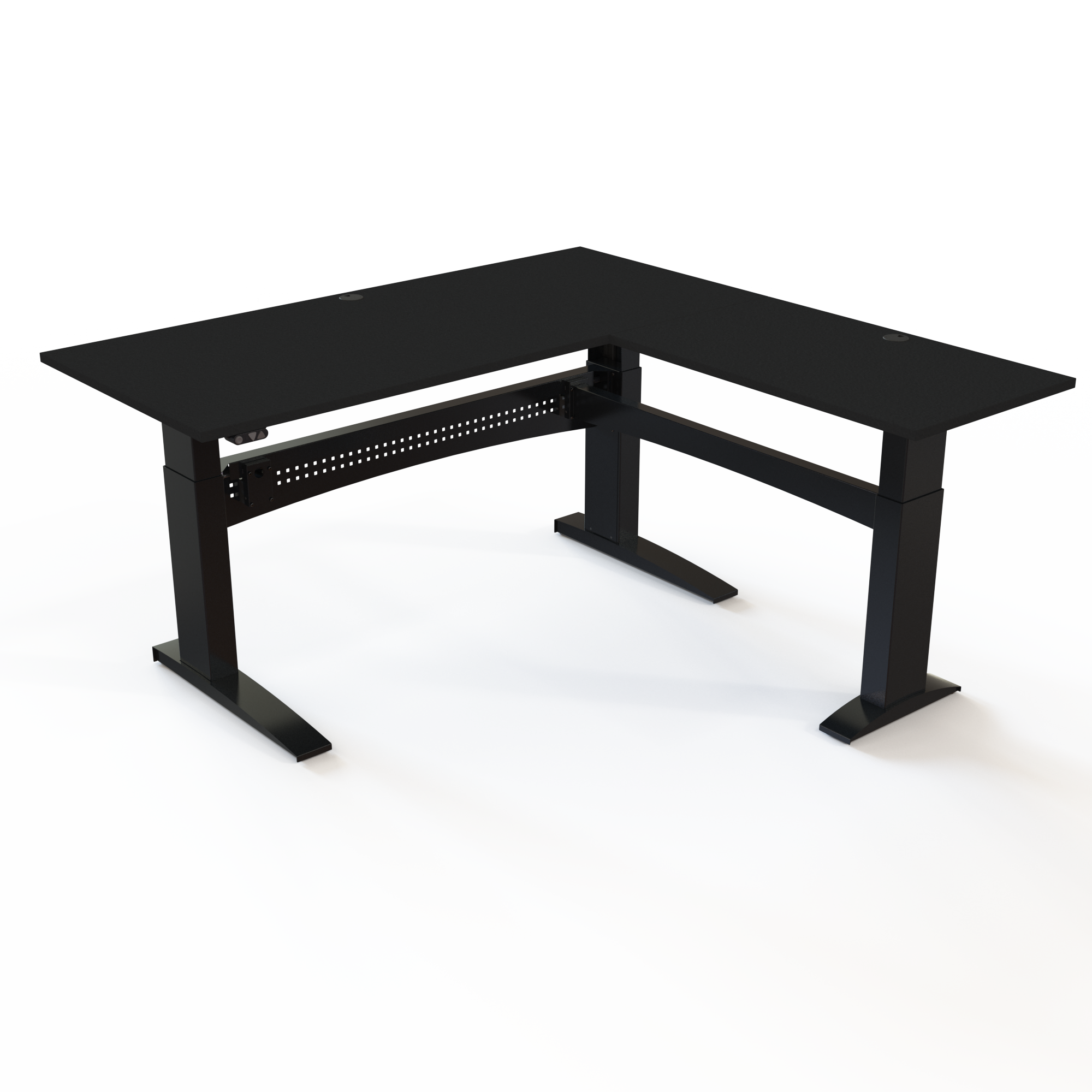 El hæve-sænkebord med 3 søjler med bordplade i Sort  og understel i sort. Størrelsen er 180x180. Højden er 65-122cm og bordet løfter 125kg.