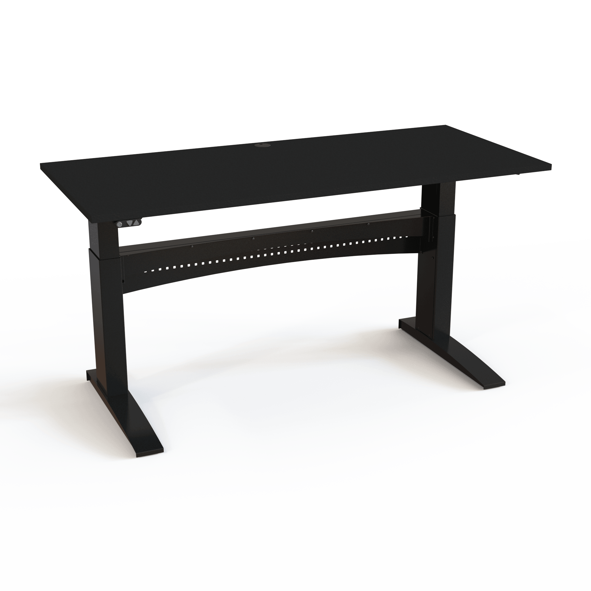 Bordet med mekanisk synkronisering som altid virker med bordplade i sort  og understel i sort. Størrelsen er 180x80. Højden er 65-122cm og bordet løfter 150kg.