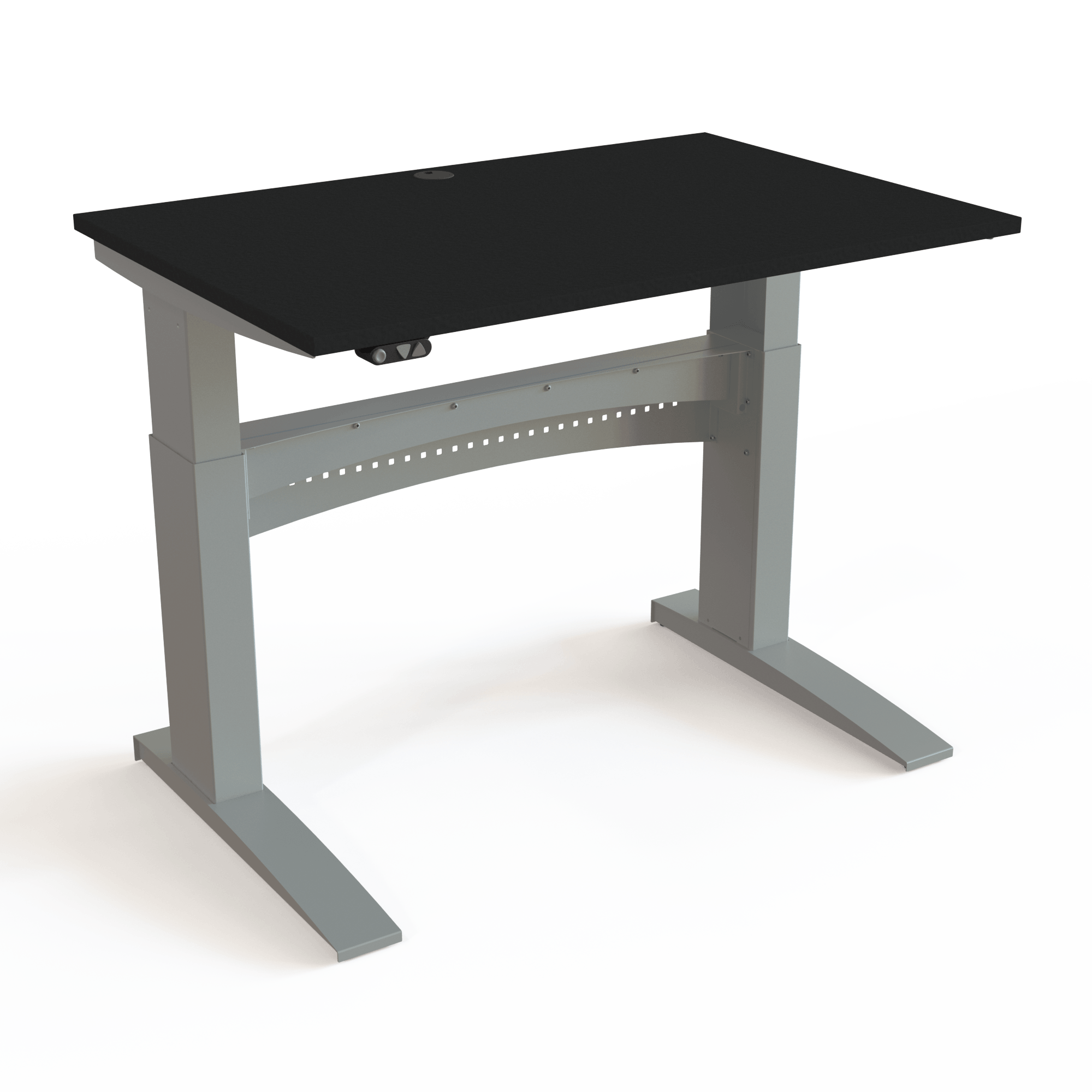Bordet med mekanisk synkronisering som altid virker med bordplade i sort  og understel i sølv. Størrelsen er 120x80. Højden er 65-122cm og bordet løfter 150kg.