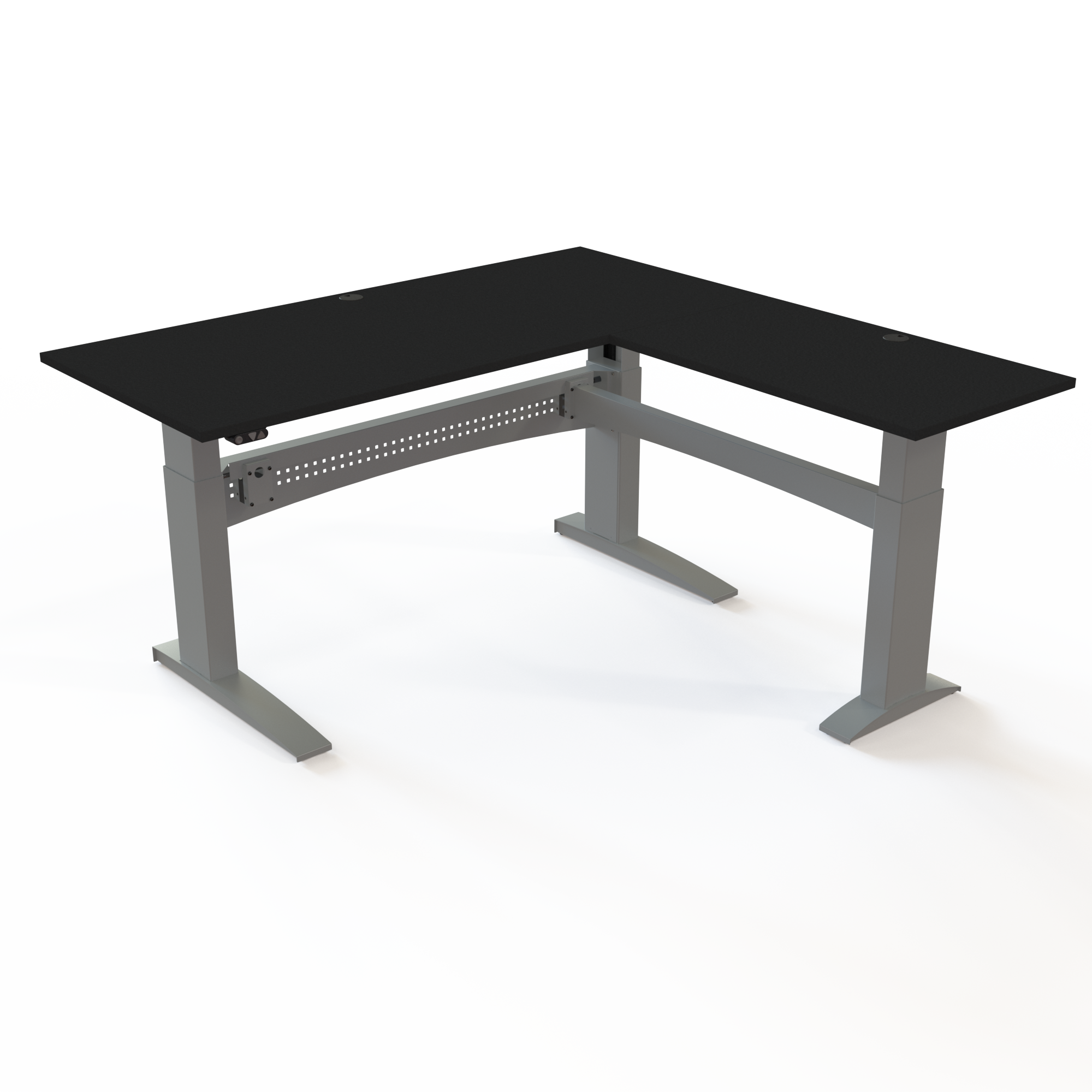 Hjørneskrivebord med bordplade i Sort  og understel i sølv. Størrelsen er 180x180. Højden er 65-122cm og bordet kan løfte 125kg.
