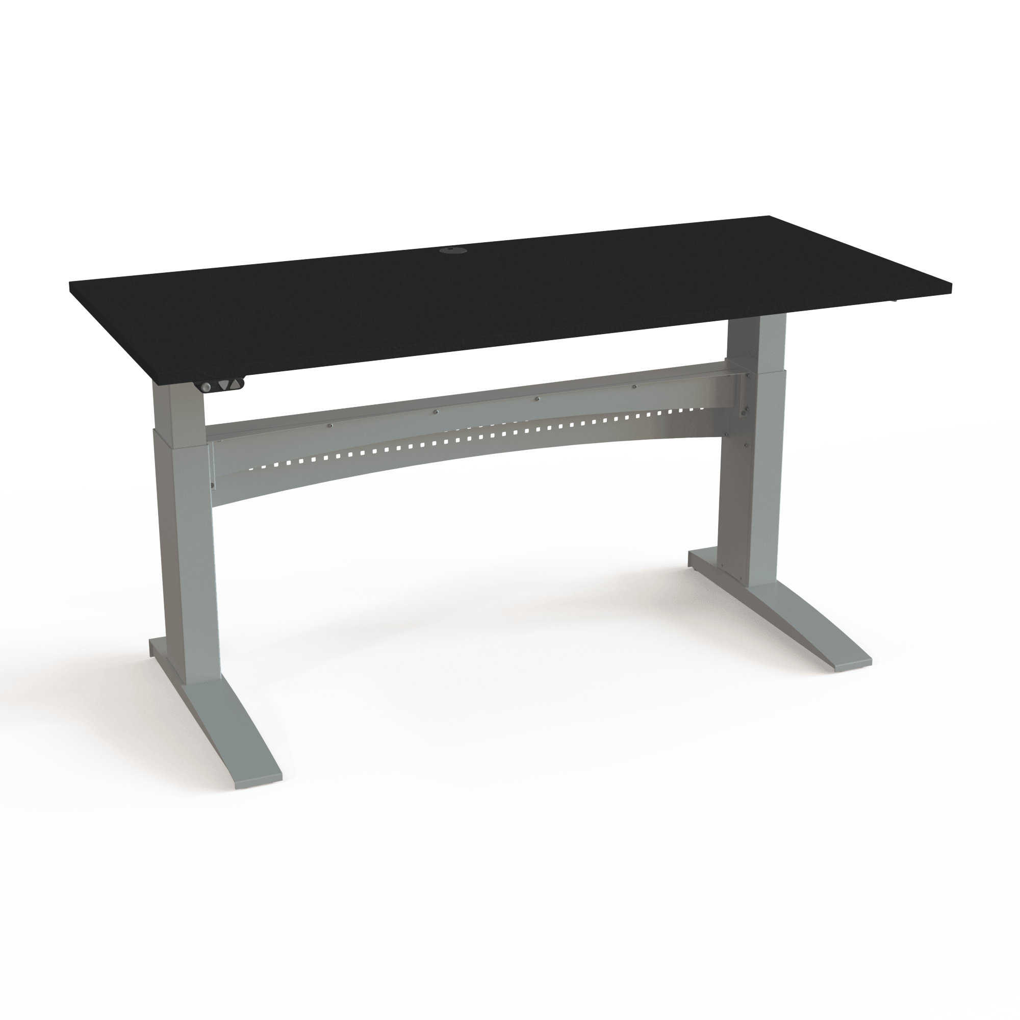 Skrivebord med integreret frontpanel og kabelkanal.  med bordplade i sort  og understel i sølv. Størrelsen er 180x80. Højden er 65-122cm og bordet løfter 150kg.