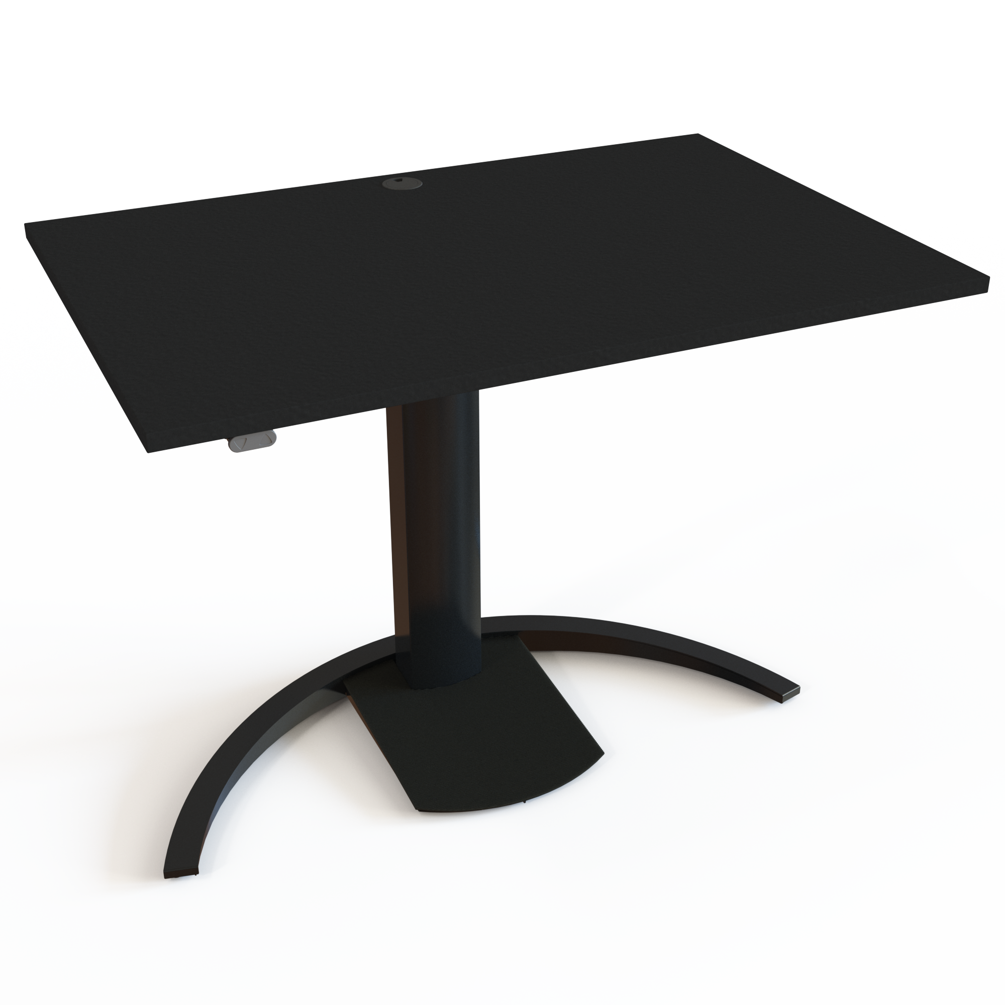 Et et-søjlet hæve/sænke-bord med bordplade i sort  og understel i sort. Størrelsen er 120x80. Højden er 68-120cm og bordet løfter 80kg.