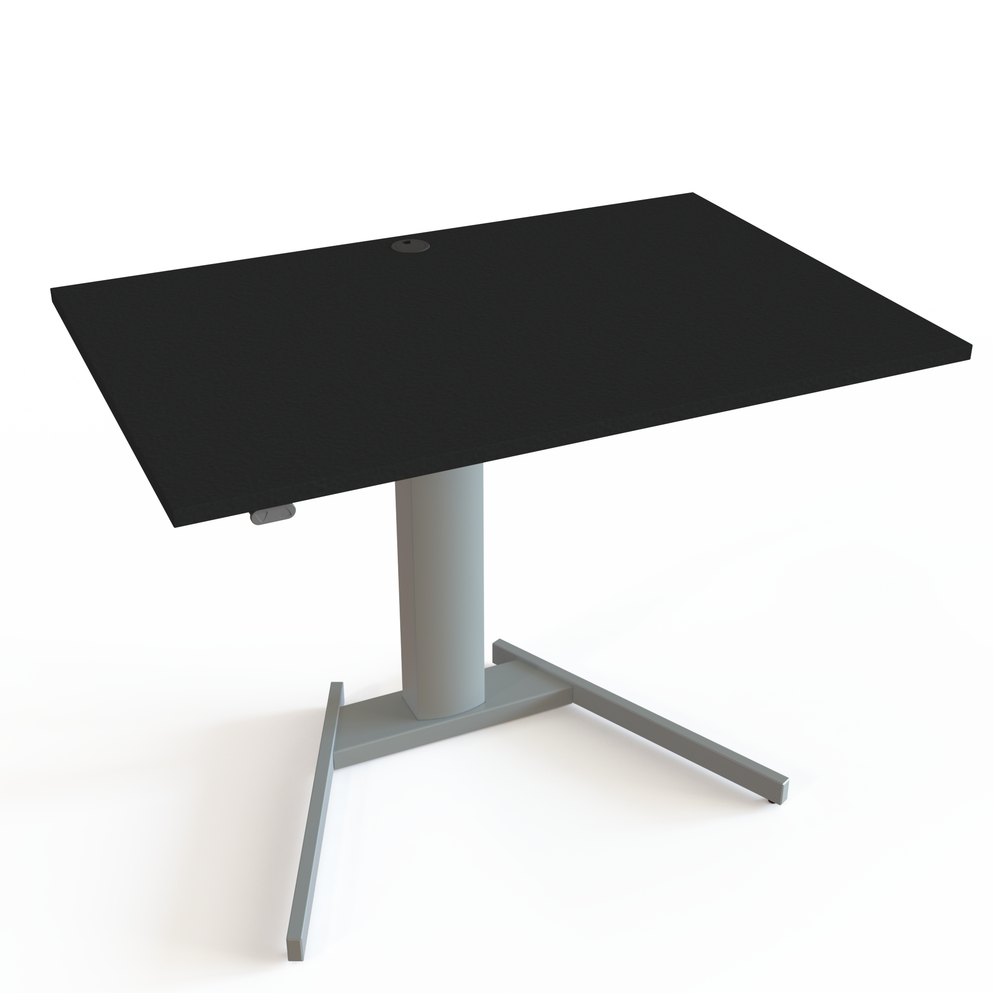 Et lille hæve-/sænkebord med bordplade i sort  og understel i sølv. Størrelsen er 120x80. Højden er 68-120cm og bordet løfter 80kg.