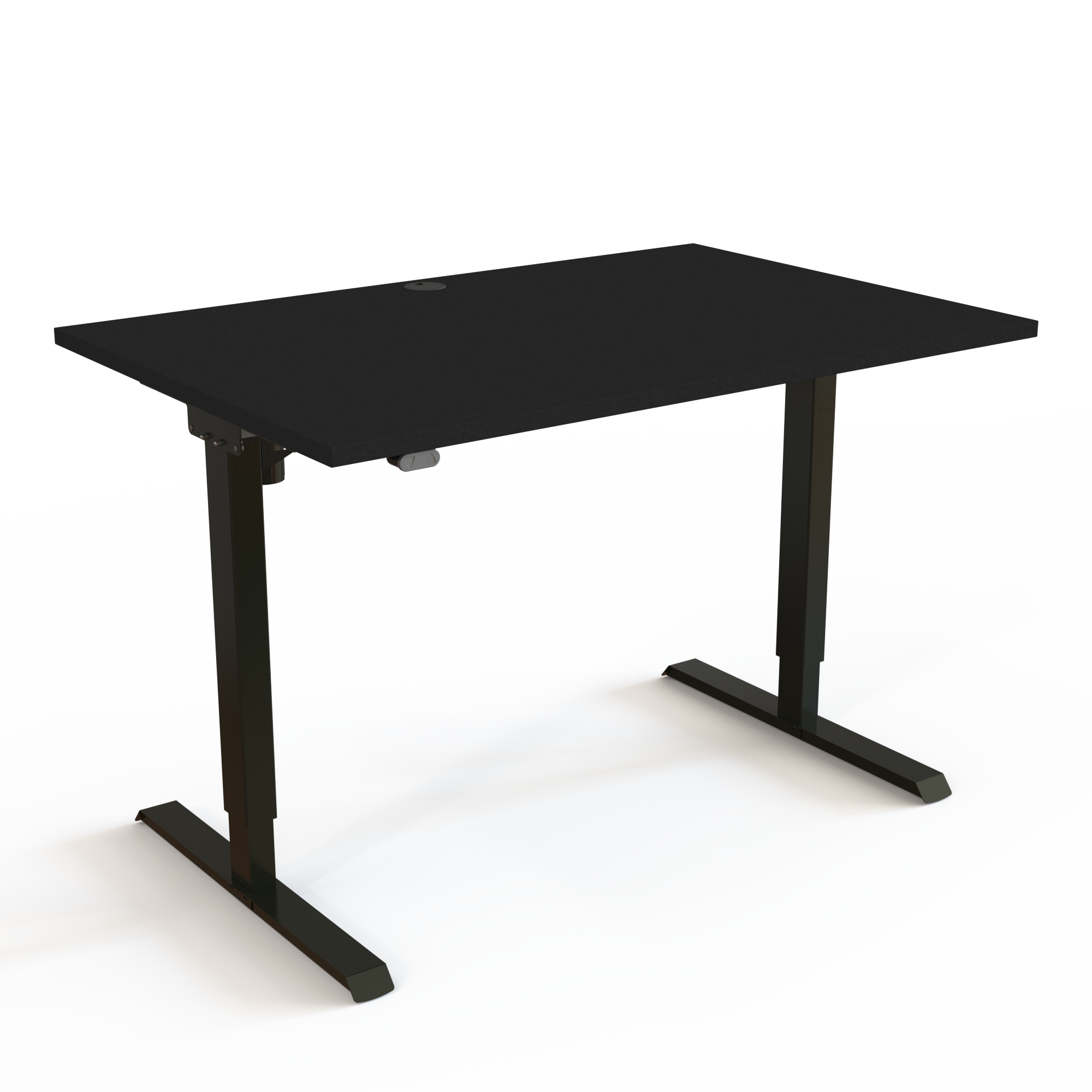 Hævesænkebordet er simpelt designet for at minimere materialeforbruget, med bordplade i sort  og understel i sort. Størrelsen er 120x80. Højden er 68-119cm og bordet løfter 60kg.