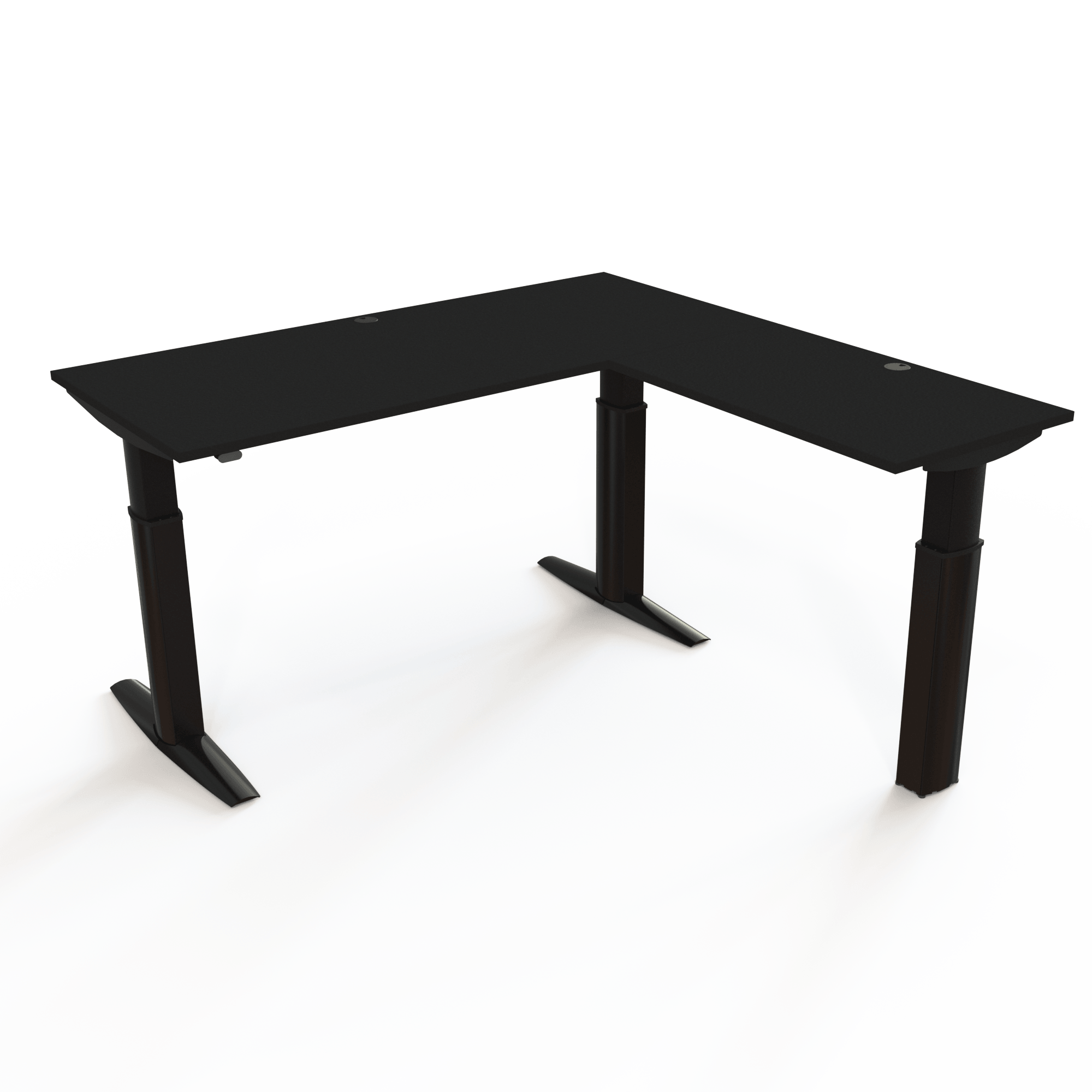 Vinkelskrivebord med hæve-sænke med bordplade i sort  og understel i sort. Størrelsen er 180x180. Højden er 68-120cm og bordet løfter 175kg.