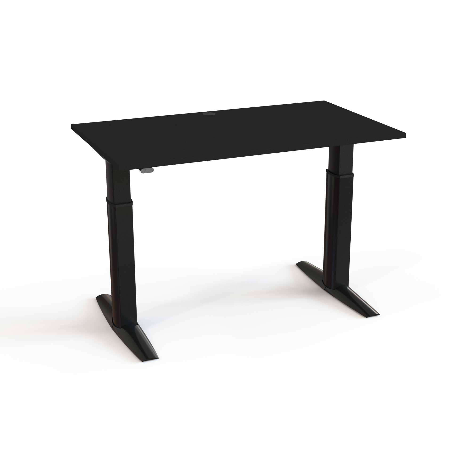 Et stærkt og stabilt skrivebord med bordplade i sort  og understel i sort. Størrelsen er 140x80. Højden er 68-120cm og bordet løfter 175kg.