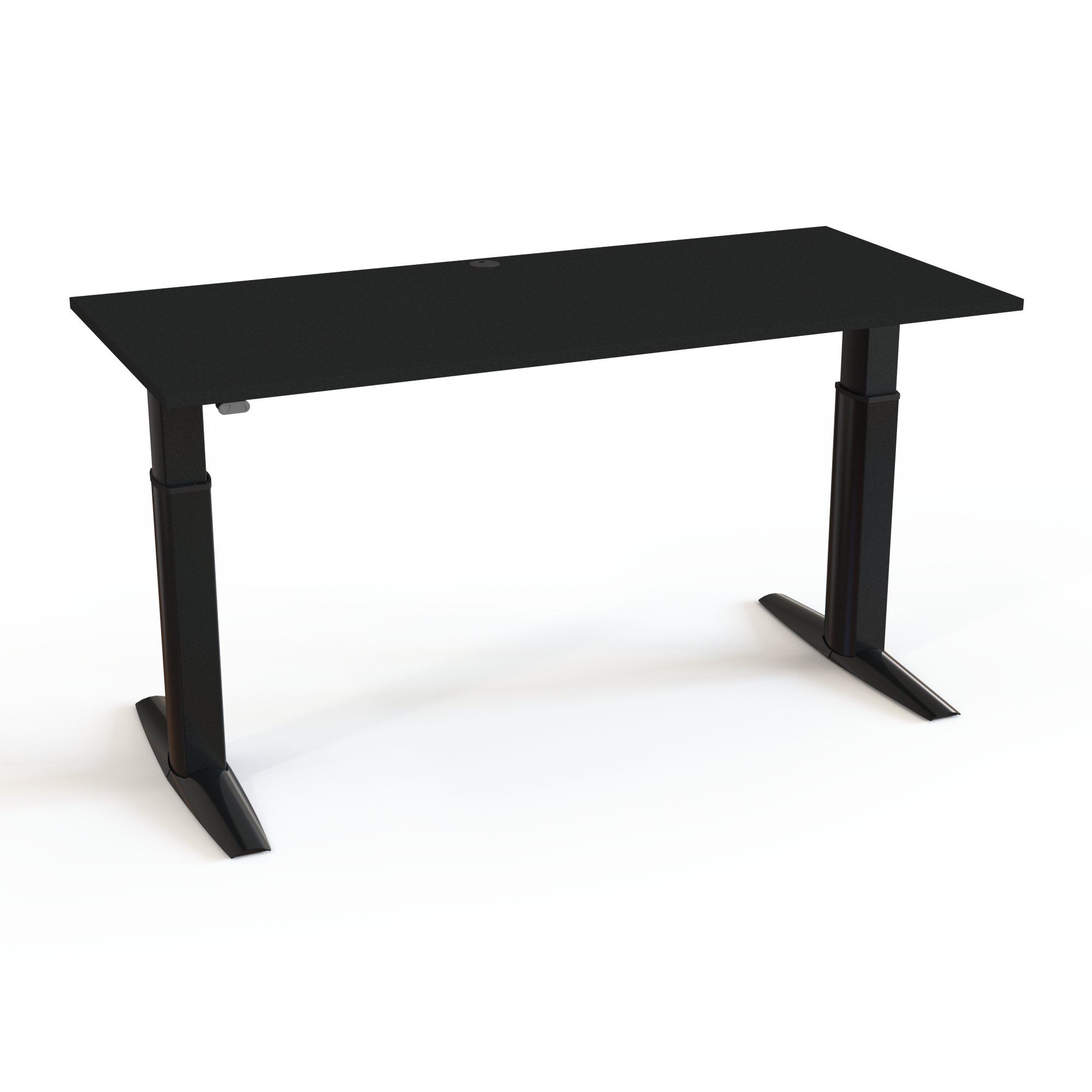 Kontorbord med kabelhul i bordpladen, med bordplade i sort  og understel i sort. Størrelsen er 180x80. Højden er 68-120cm og bordet løfter 175kg.