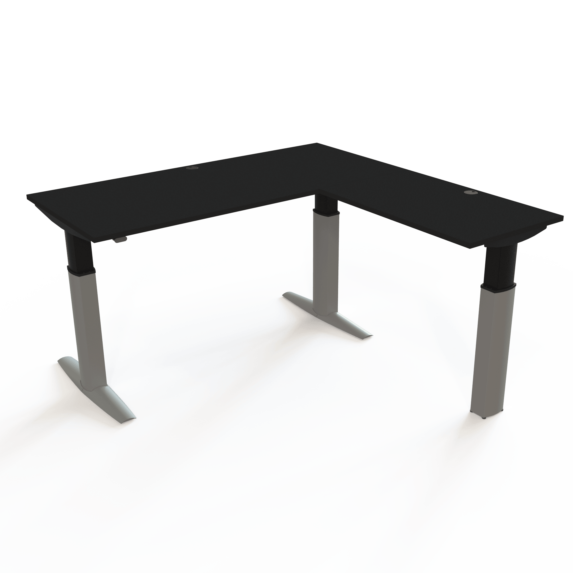 Stort skrivebord med sidebord med bordplade i sort  og understel i sølv. Størrelsen er 180x180. Højden er 68-120cm og bordet løfter 175kg.