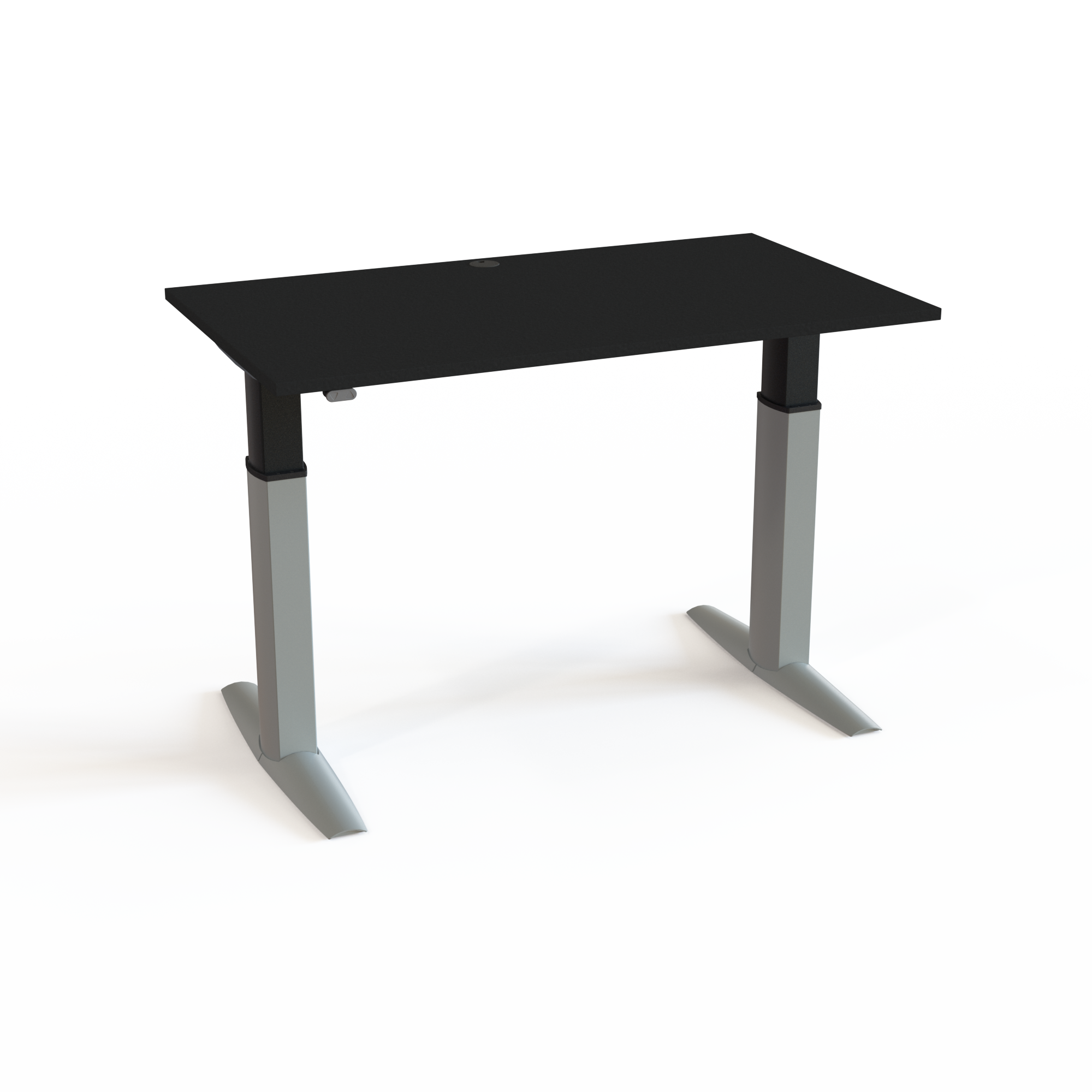 Et stærkt og stabilt skrivebord med bordplade i sort  og understel i sølv. Størrelsen er 140x80. Højden er 68-120cm og bordet løfter 175kg.