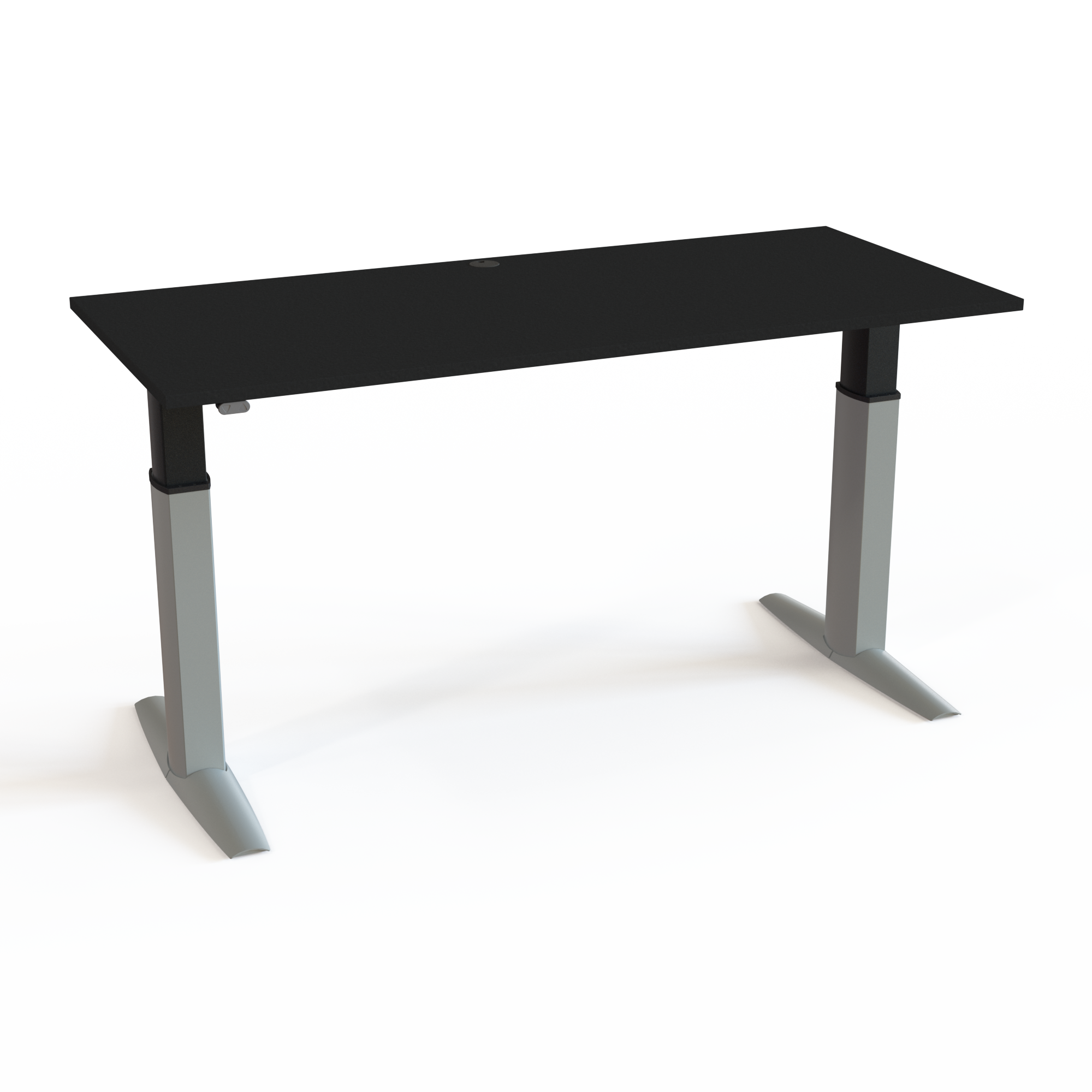 Bordet leveres med en integreret kabelbakke. med bordplade i sort  og understel i sølv. Størrelsen er 180x80. Højden er 68-120cm og bordet løfter 175kg.