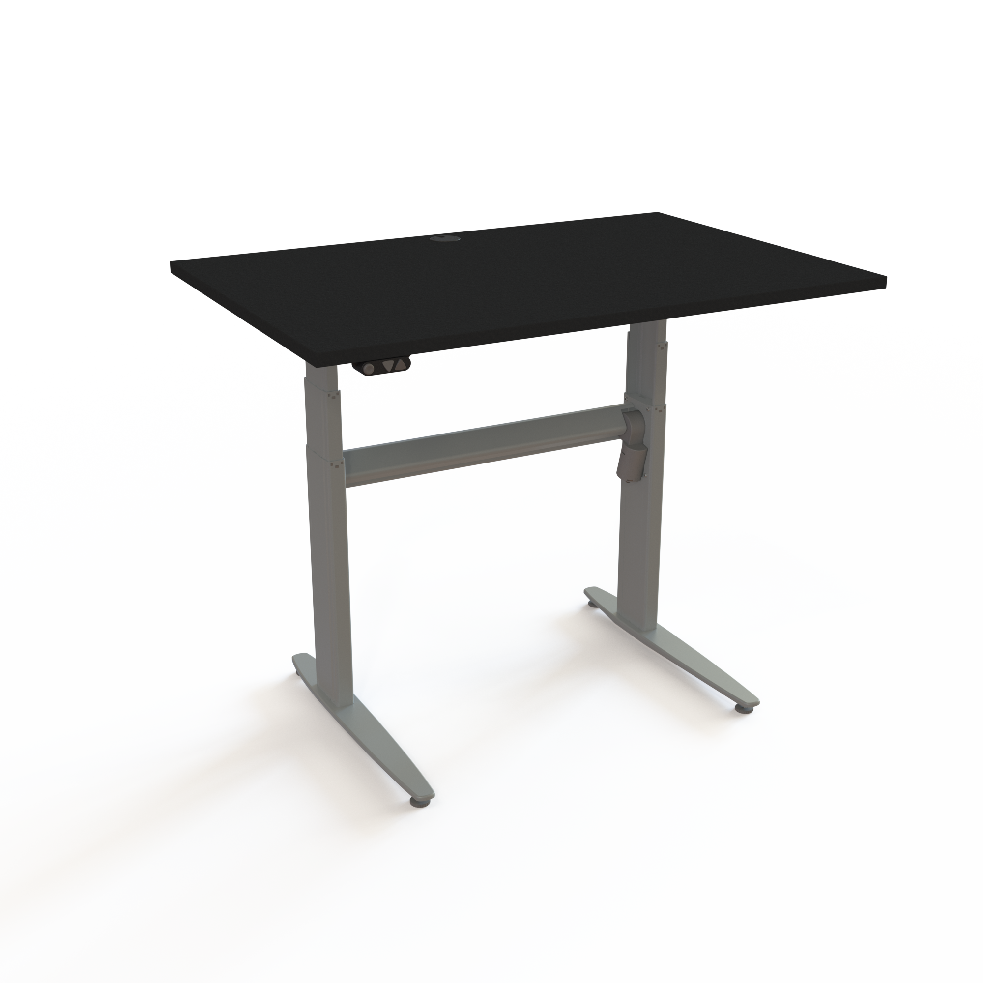 HS bord med 2 knaps betjening med bordplade i sort  og understel i sølv. Størrelsen er 120x80. Højden er 68-120cm og bordet løfter 120kg.