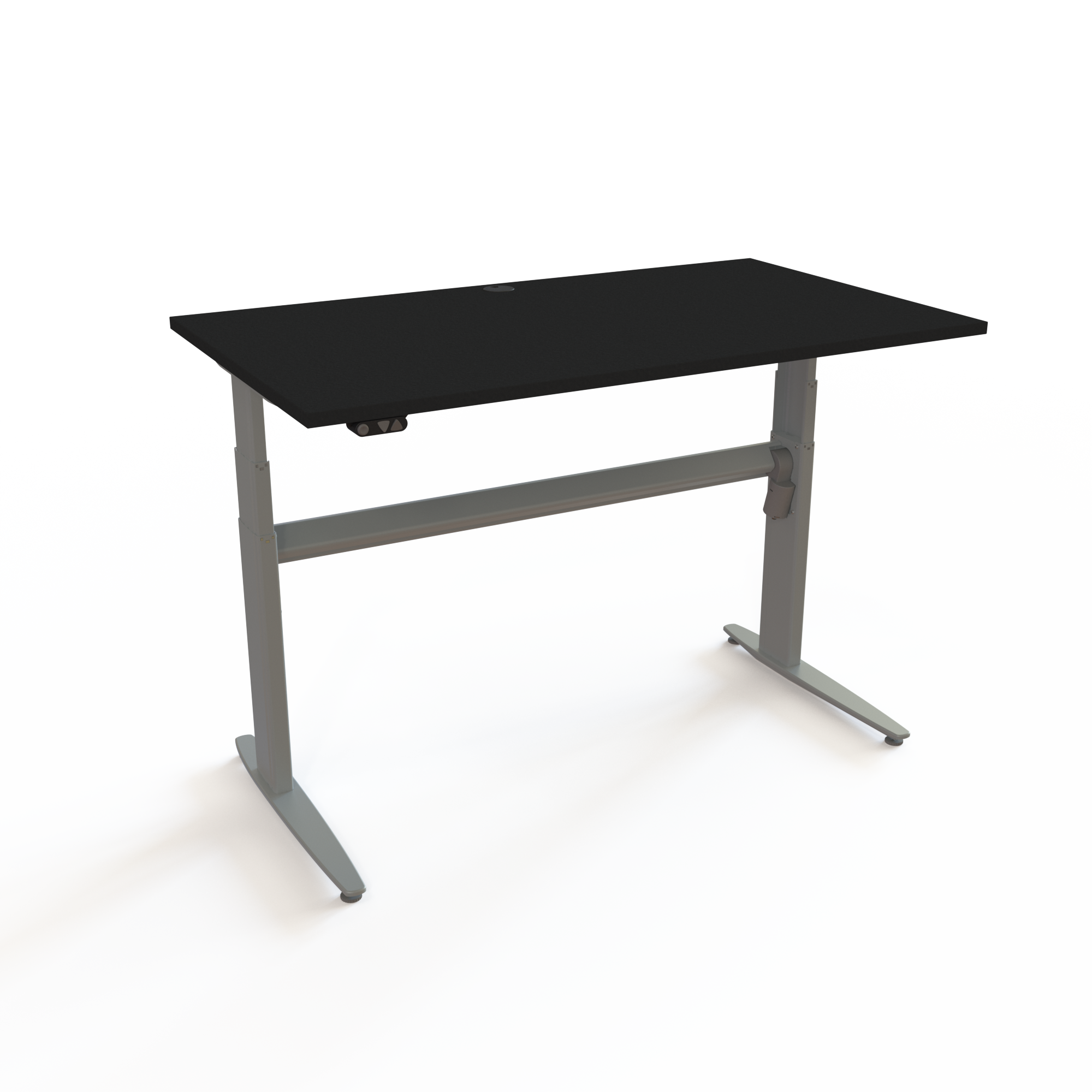 Traditionelt hævesænkebord  med bordplade i sort  og understel i sølv. Størrelsen er 140x80. Højden er 68-120cm og bordet løfter 120kg.