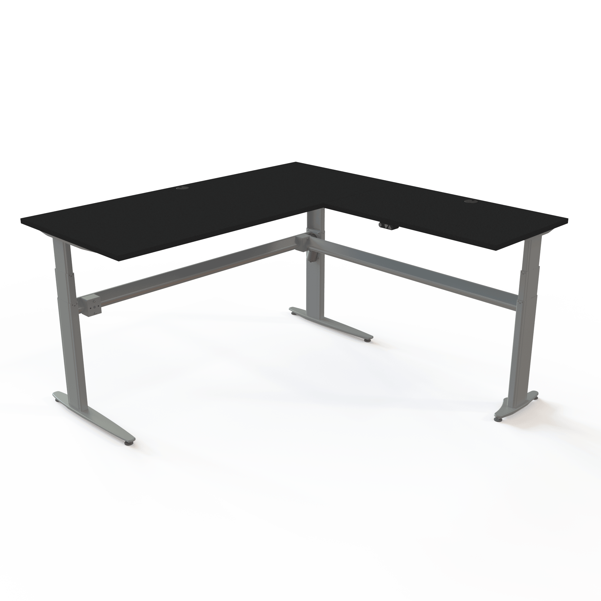Hæve sænkebord med vinkel med bordplade i Sort  og understel i sølv. Størrelsen er 180x180. Højden er 68-120cm og bordet løfter 100kg.