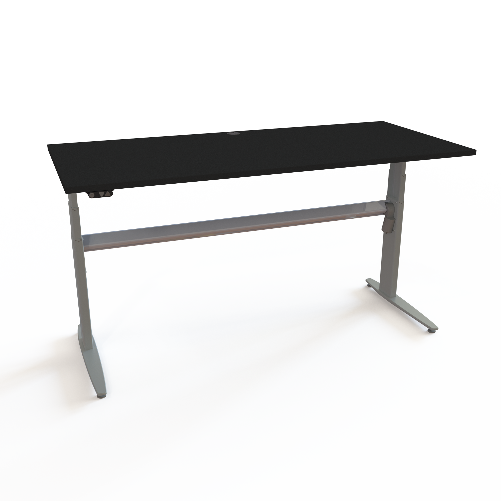 HS bord med 2 knaps betjening med bordplade i sort  og understel i sølv. Størrelsen er 180x80. Højden er 68-120cm og bordet løfter 120kg.