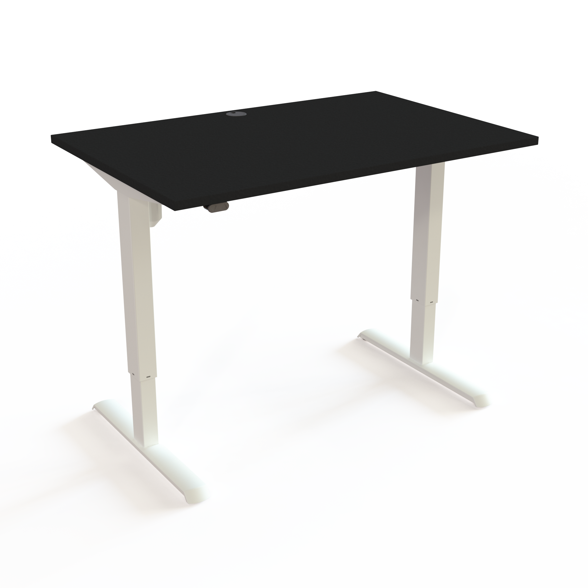 Hæve-/sænkebord der samles på 15 minutter med bordplade i sort  og understel i hvid. Størrelsen er 120x80. Højden er 68-118cm og bordet løfter 80kg.