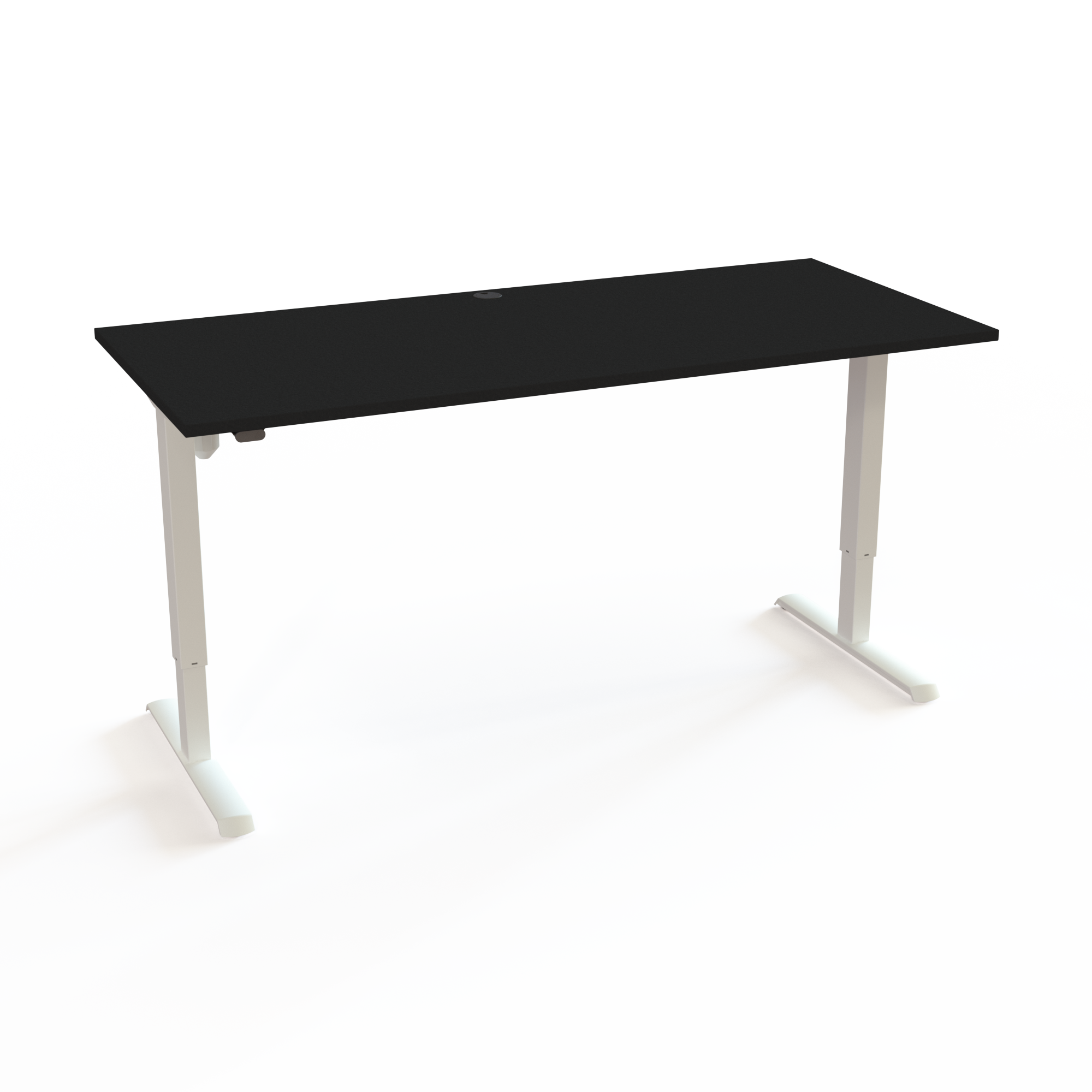 Hæve-sænkebord uden komplicerende elektronik med bordplade i sort  og understel i hvid. Størrelsen er 180x80. Højden er 68-118cm og bordet løfter 80kg.