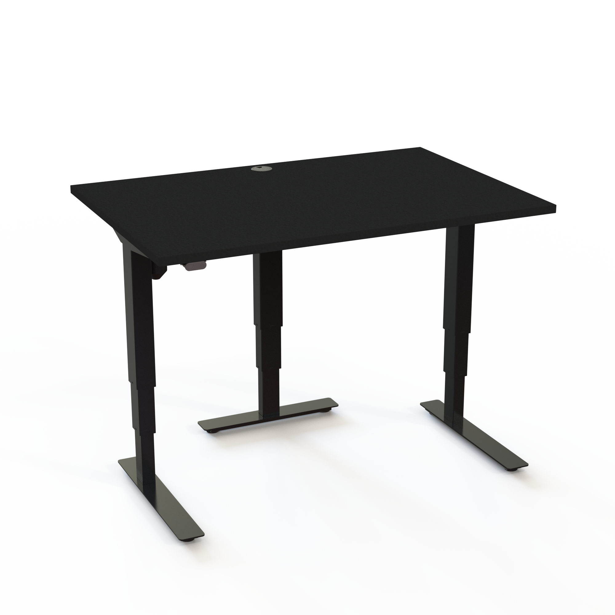 Dette HS bord har en tredje søjle i midten, det giver stabilitet, med bordplade i sort  og understel i sort. Størrelsen er 120x80. Højden er 57-122cm og bordet løfter 100kg.