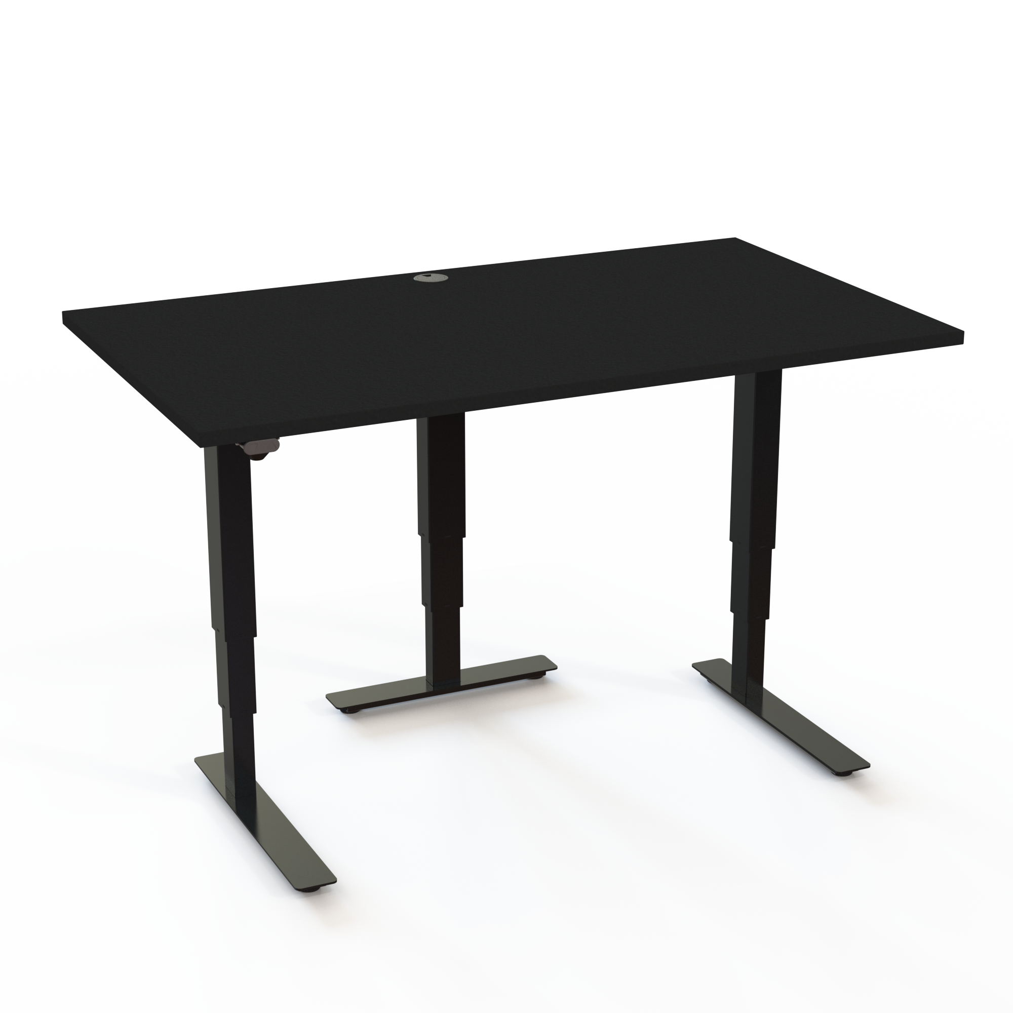 Skrivebord med ekstra ben for stabilitet med bordplade i sort  og understel i sort. Størrelsen er 140x80. Højden er 57-122cm og bordet løfter 100kg.
