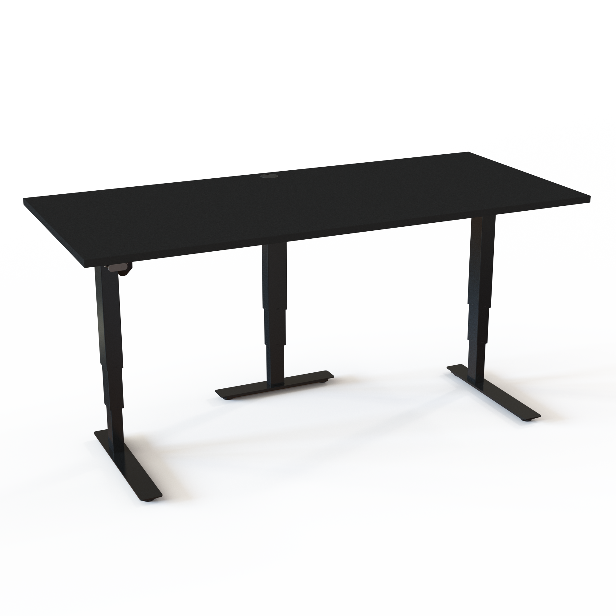 Skrivebord med ekstra ben for stabilitet med bordplade i sort  og understel i sort. Størrelsen er 180x80. Højden er 57-122cm og bordet løfter 100kg.