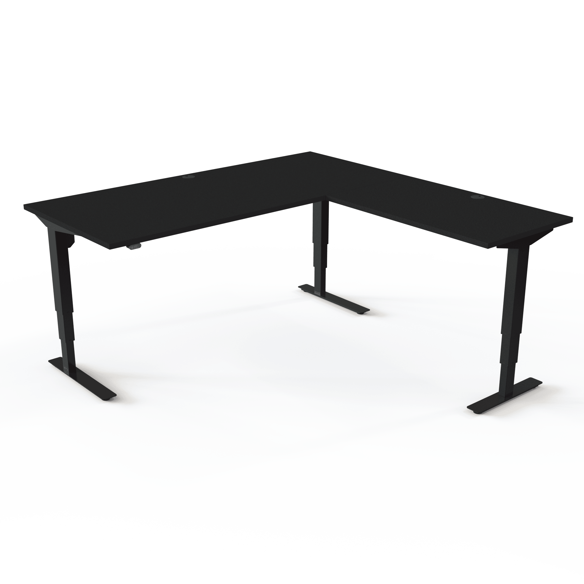 Hjørneskrivebord med bordplade i Sort  og understel i sort. Størrelsen er 180x180. Højden er 57-122cm og bordet løfter 100kg.