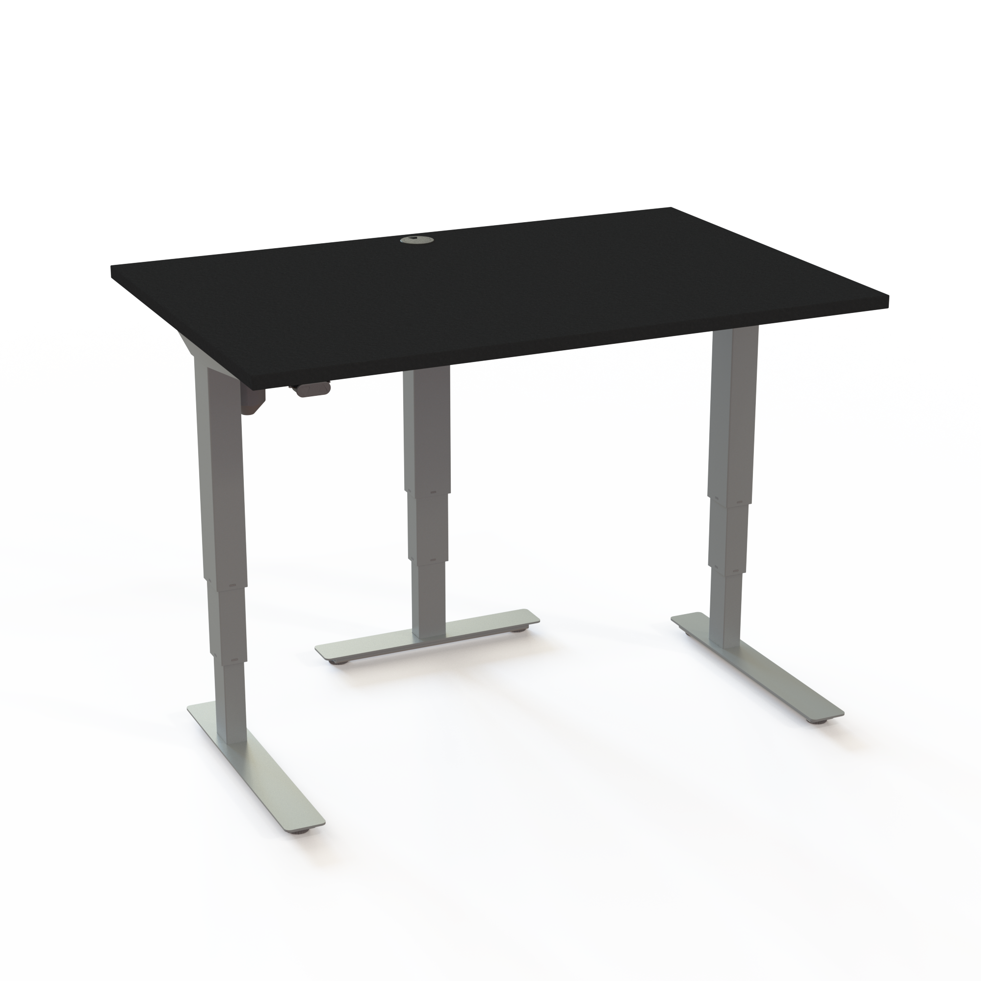 Dette HS bord har en tredje søjle i midten, det giver stabilitet, med bordplade i sort  og understel i sølv. Størrelsen er 120x80. Højden er 57-122cm og bordet løfter 100kg.