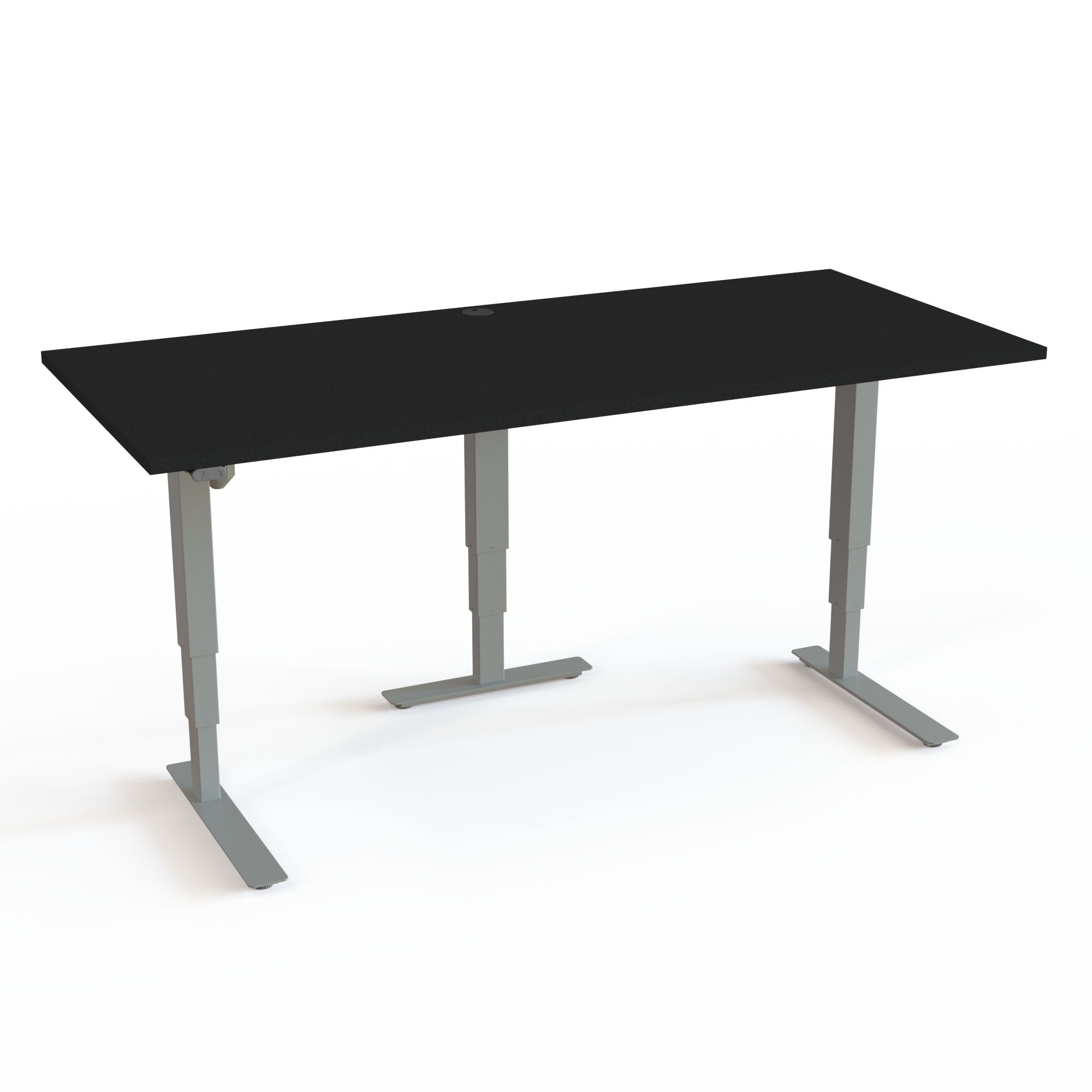 Bord med stabilitet til mange skærme, med bordplade i sort  og understel i sølv. Størrelsen er 180x80. Højden er 57-122cm og bordet løfter 100kg.