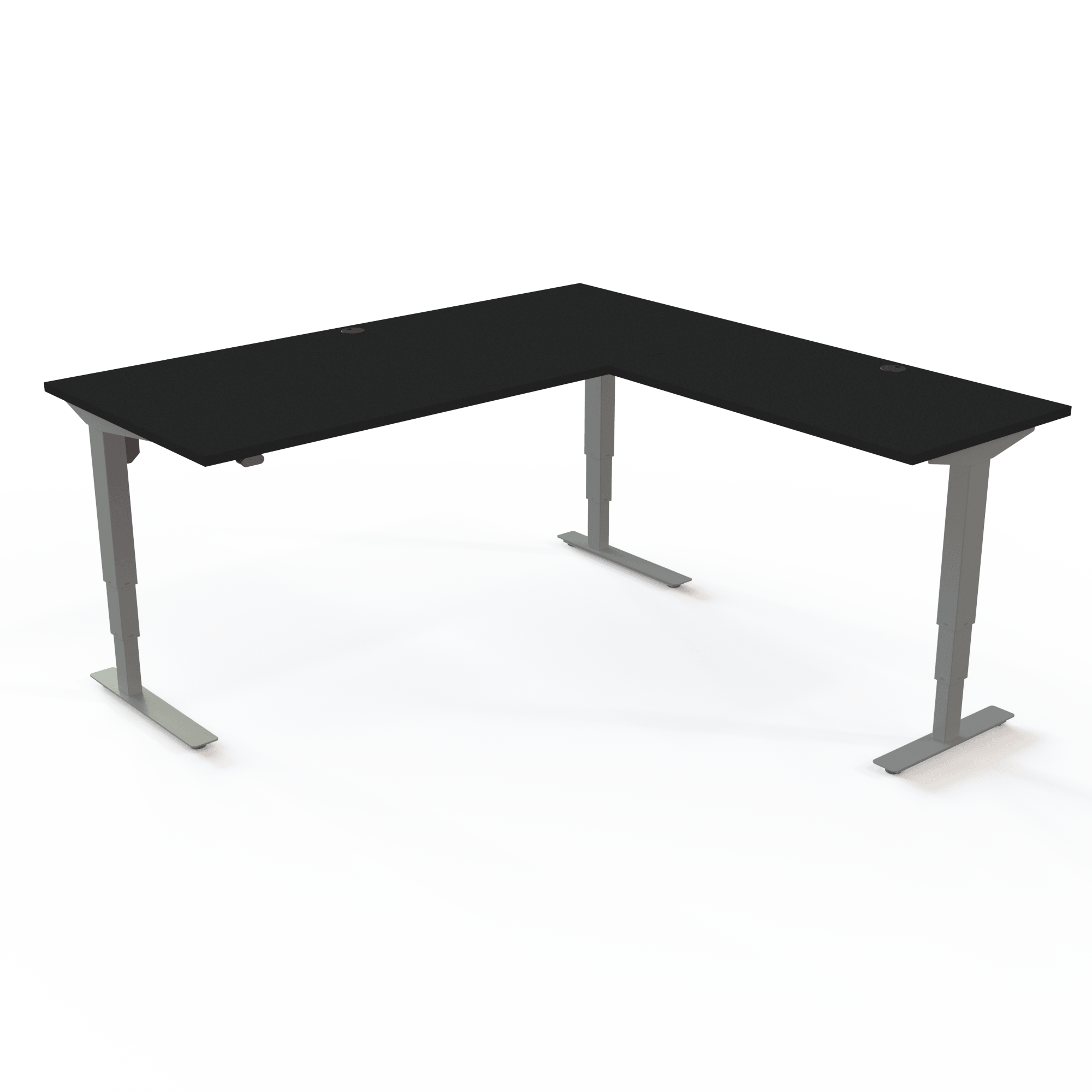 El hæve-sænkebord med 3 søjler med bordplade i Sort  og understel i sølv. Størrelsen er 180x180. Højden er 57-122cm og bordet løfter 100kg.