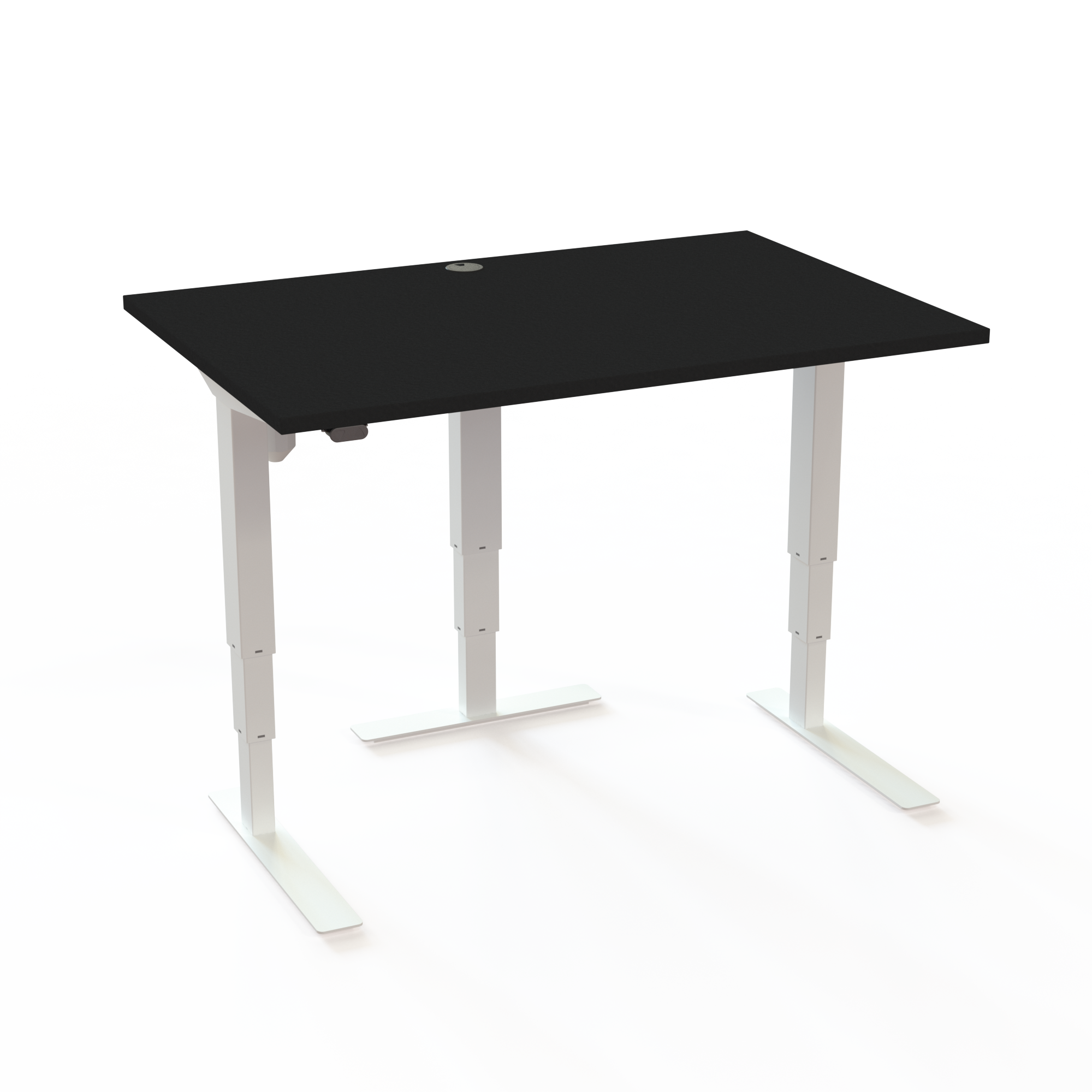 3 ben og understel uden justerbar bredde, et stabilt skrivebord, med bordplade i sort  og understel i hvid. Størrelsen er 120x80. Højden er 57-122cm og bordet løfter 100kg.