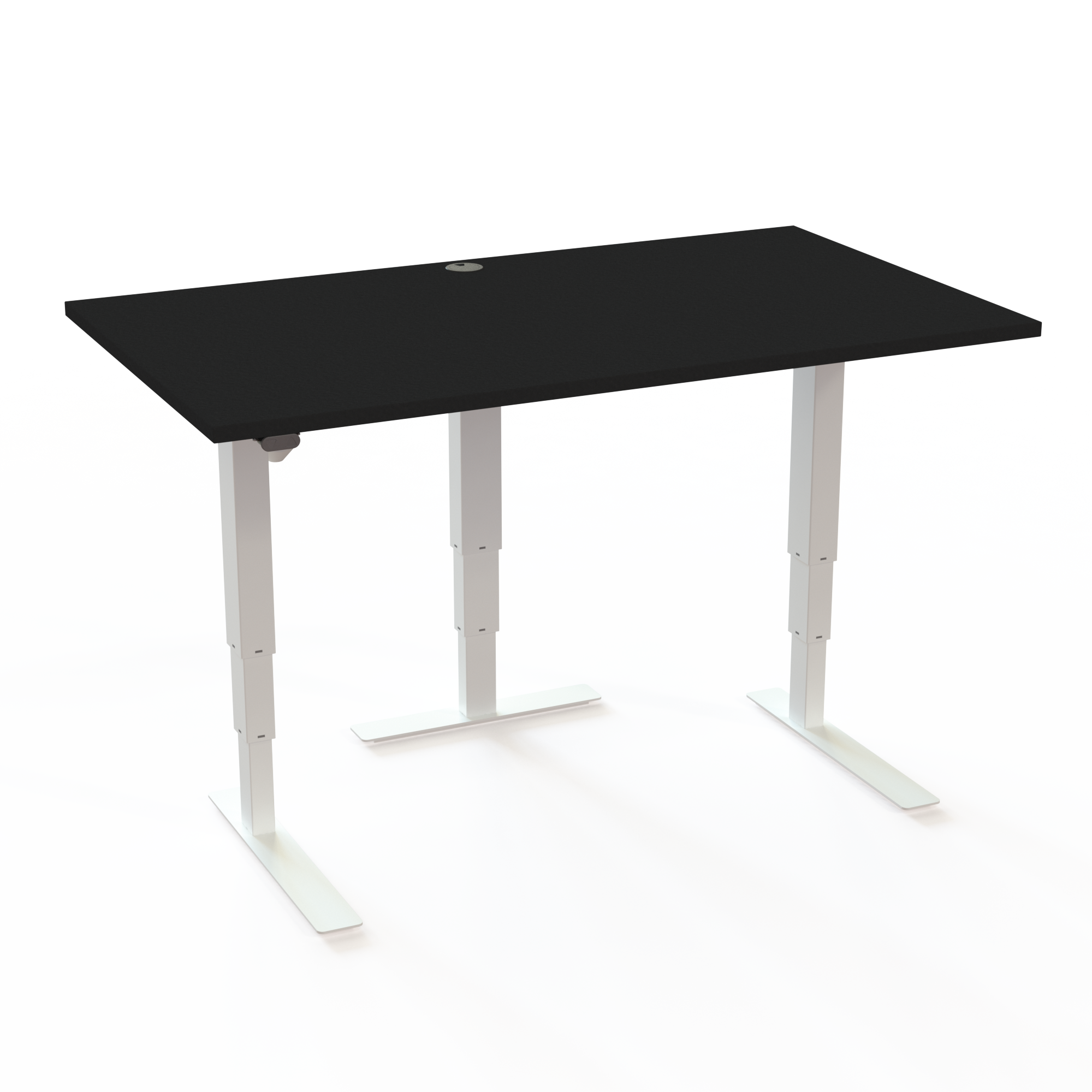 Skrivebord med ekstra ben for stabilitet med bordplade i sort  og understel i hvid. Størrelsen er 140x80. Højden er 57-122cm og bordet løfter 100kg.