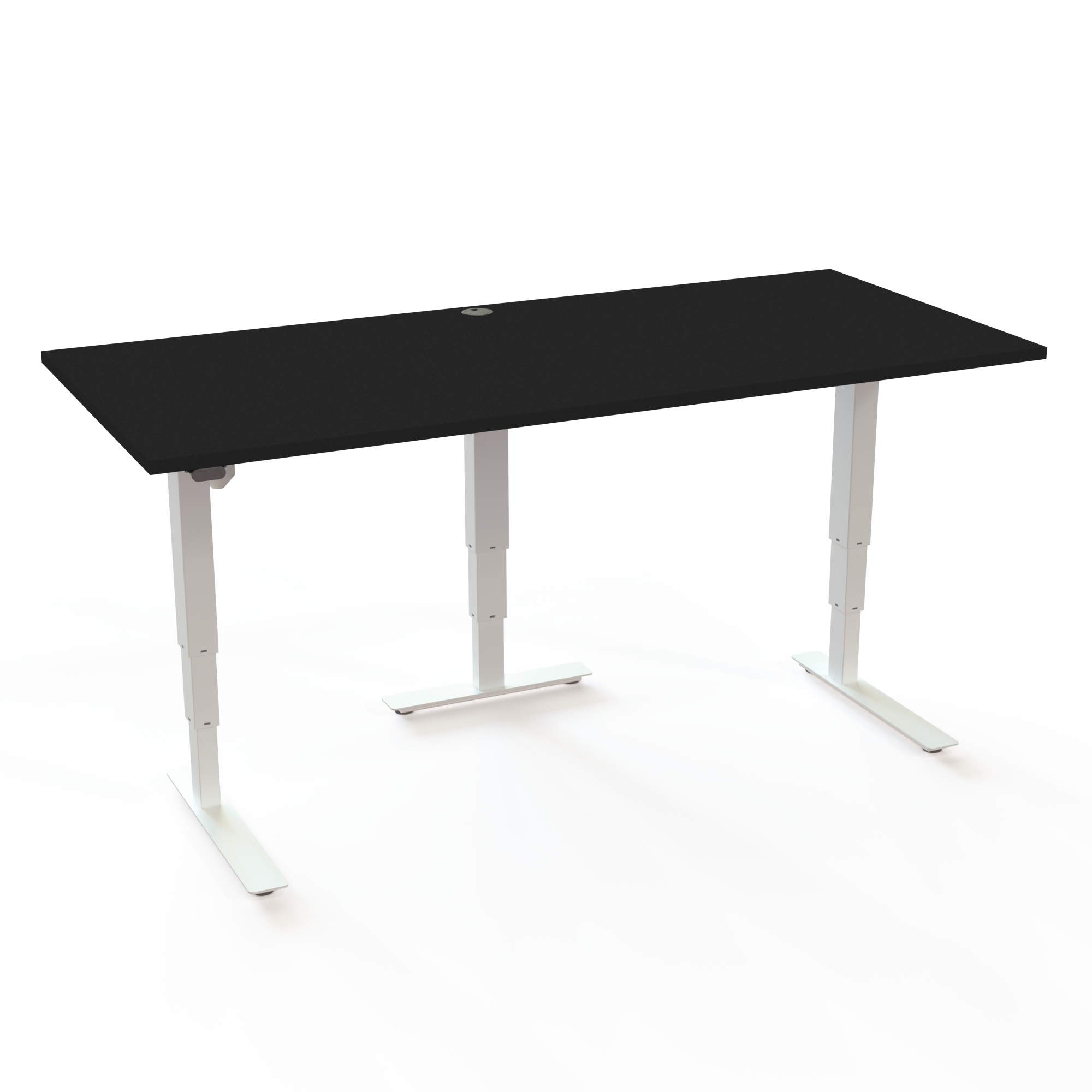 Dette HS bord har en tredje søjle i midten, det giver stabilitet, med bordplade i sort  og understel i hvid. Størrelsen er 180x80. Højden er 57-122cm og bordet løfter 100kg.