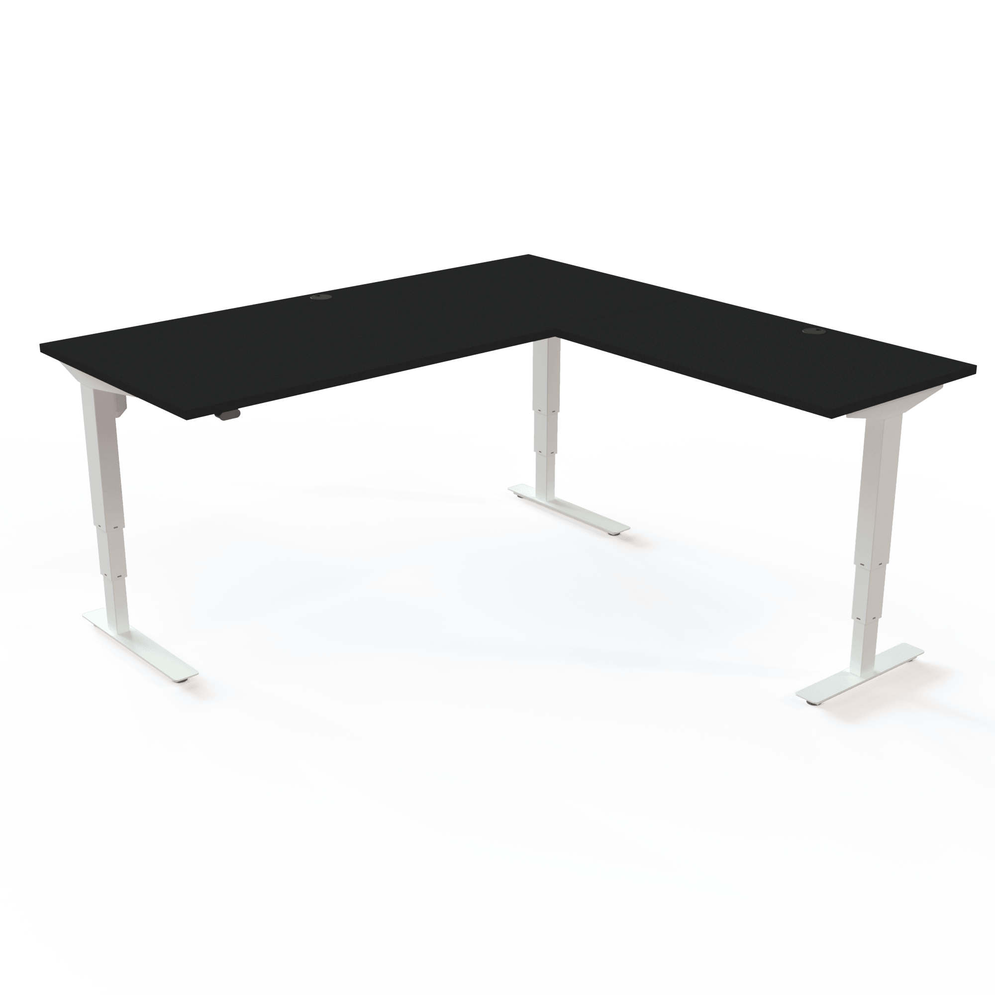 Vinkelskrivebord med hæve-sænke med bordplade i Sort  og understel i hvid. Størrelsen er 180x180. Højden er 57-122cm og bordet løfter 100kg.