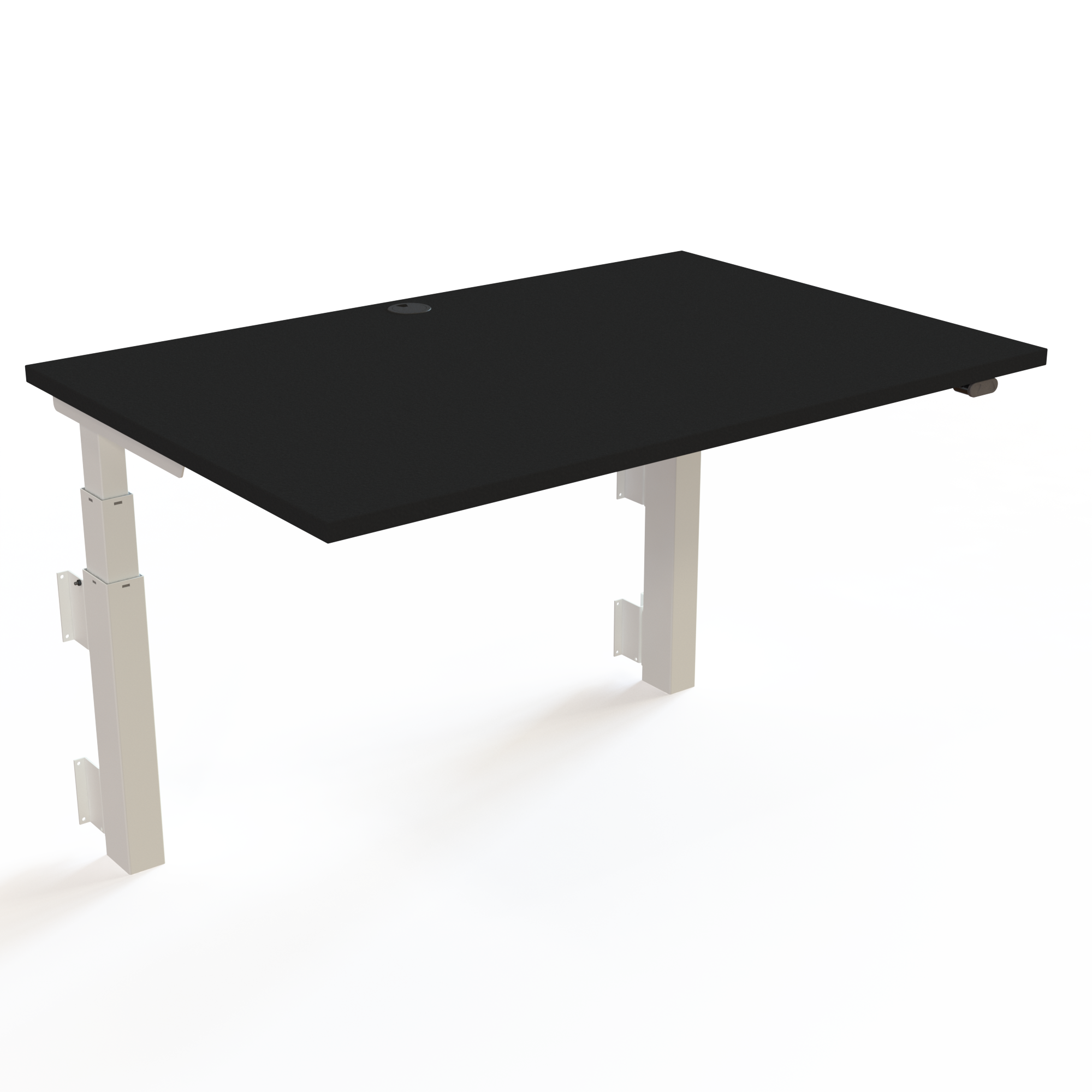 Hæve/sænkebord som hænger på væggen med bordplade i sort  og understel i hvid. Størrelsen er 120x80. Vandringen er 60cm og bordet løfter 40kg.