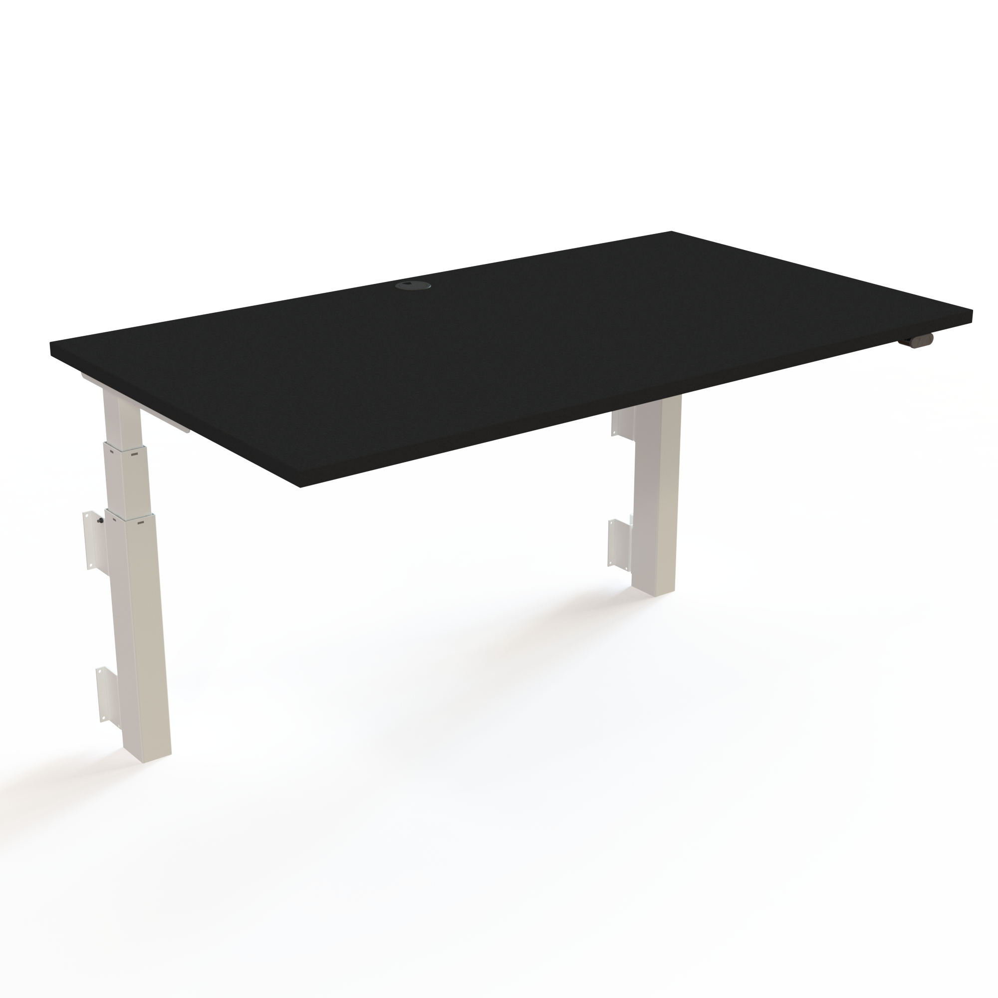 Vægmonteret hævesænke bord med slanke søjler med bordplade i sort  og understel i hvid. Størrelsen er 140x80. Vandringen er 60cm og bordet løfter 40kg.