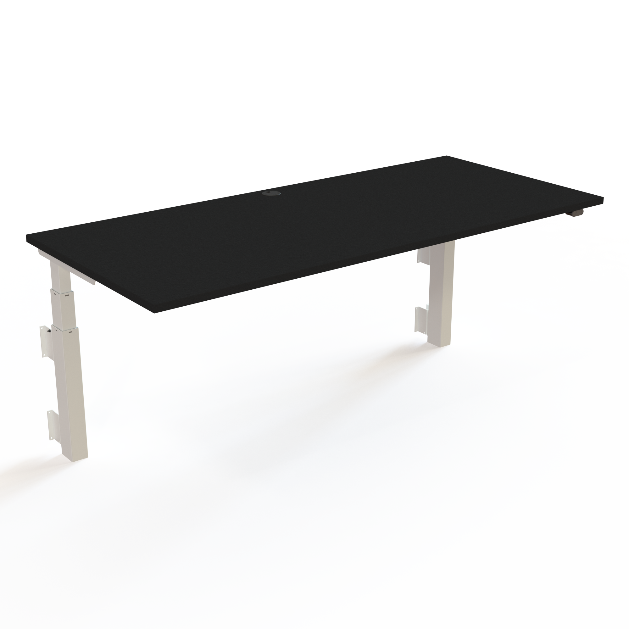 Væghængt skrivebord med HS med bordplade i sort  og understel i hvid. Størrelsen er 180x80. Vandringen er 60cm og bordet løfter 40kg.