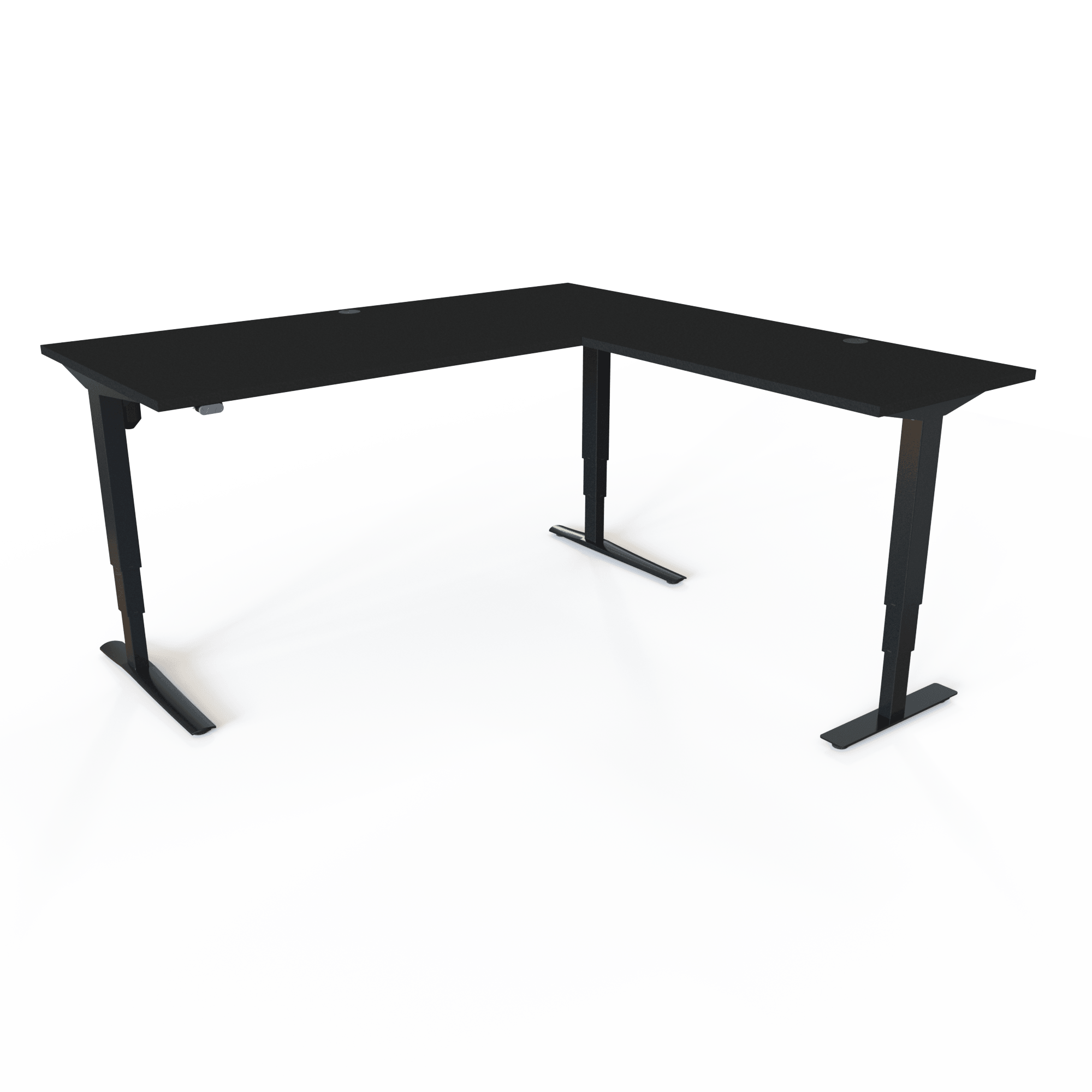 Hæve sænkebord med vinkel med bordplade i sort  og understel i sort. Størrelsen er 180x180. Højden er 62-130cm og bordet løfter 100kg.