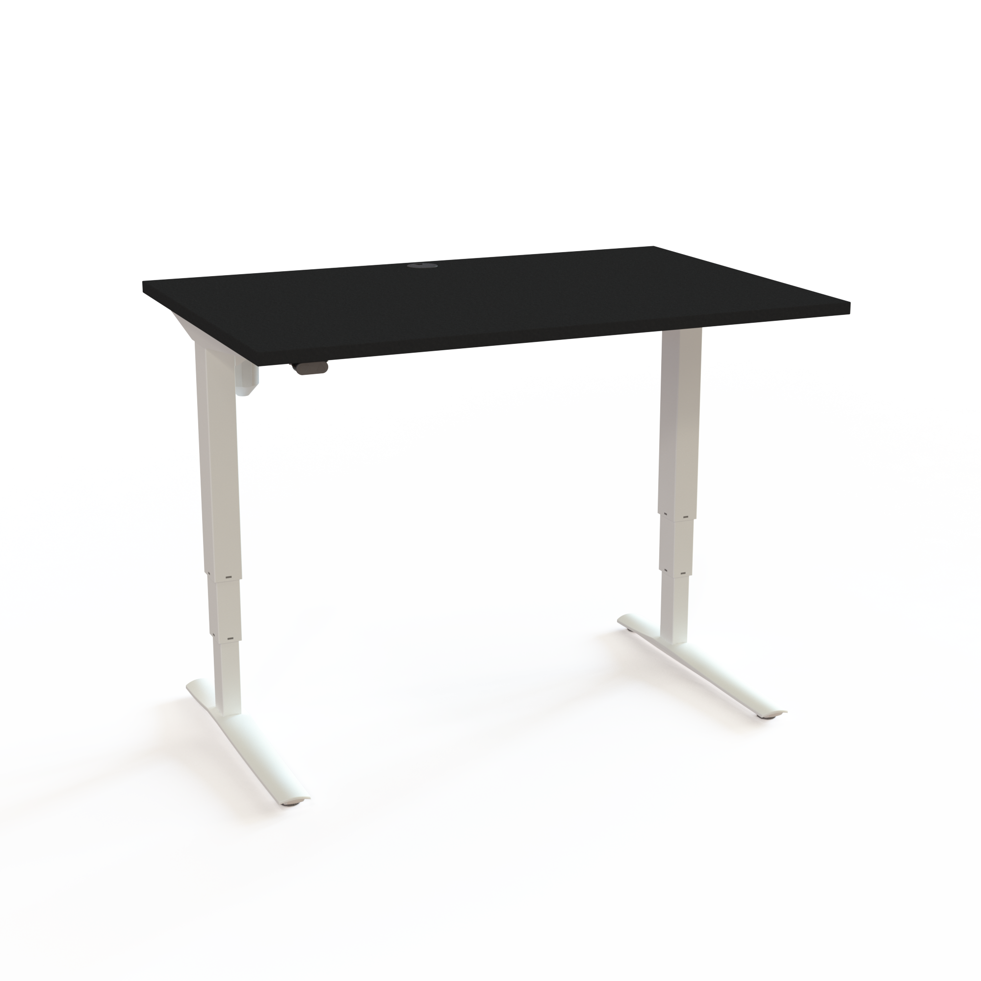 Hæve-/sænkebord med en stor løfteevne og en imponerende høj vandring, med bordplade i sort  og understel i hvid. Størrelsen er 120x80. Højden er 62-130cm og bordet løfter 100kg.