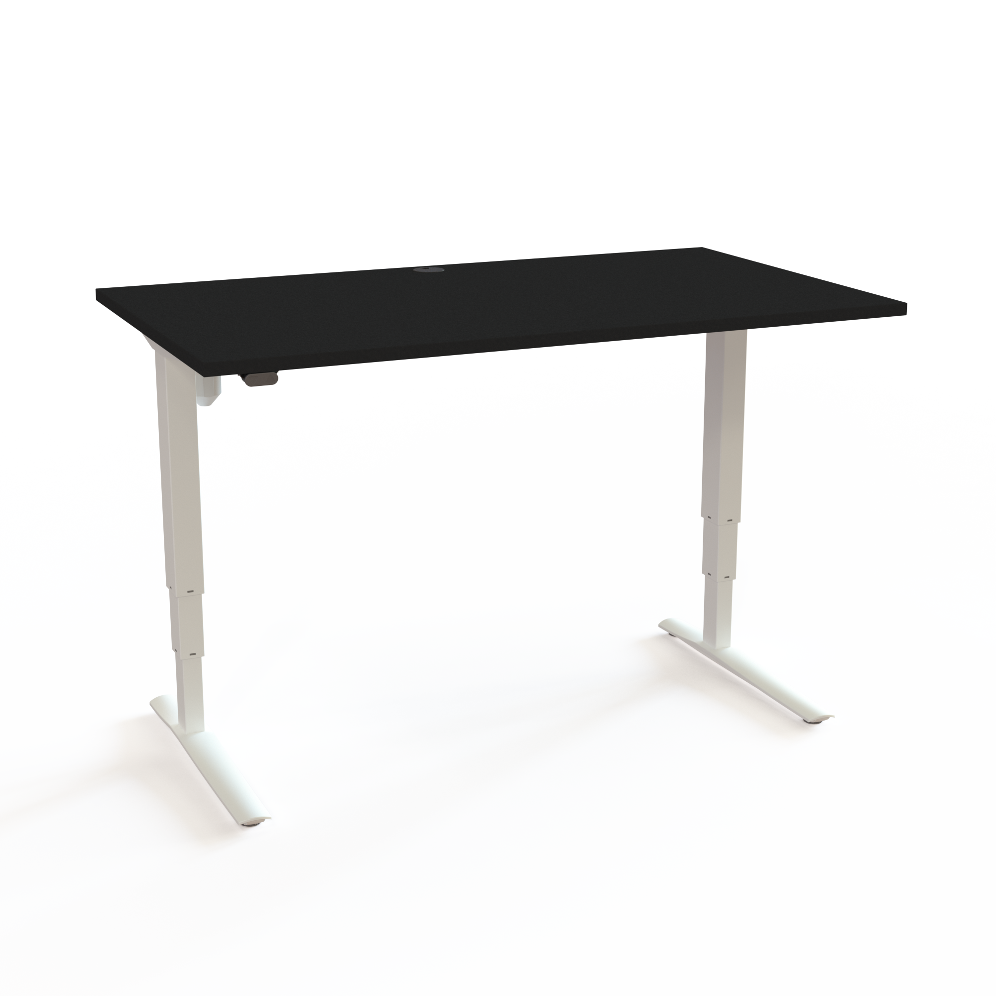 Hæve-/sænkebord med en stor løfteevne og en imponerende høj vandring, med bordplade i sort  og understel i hvid. Størrelsen er 140x80. Højden er 62-130cm og bordet løfter 100kg.