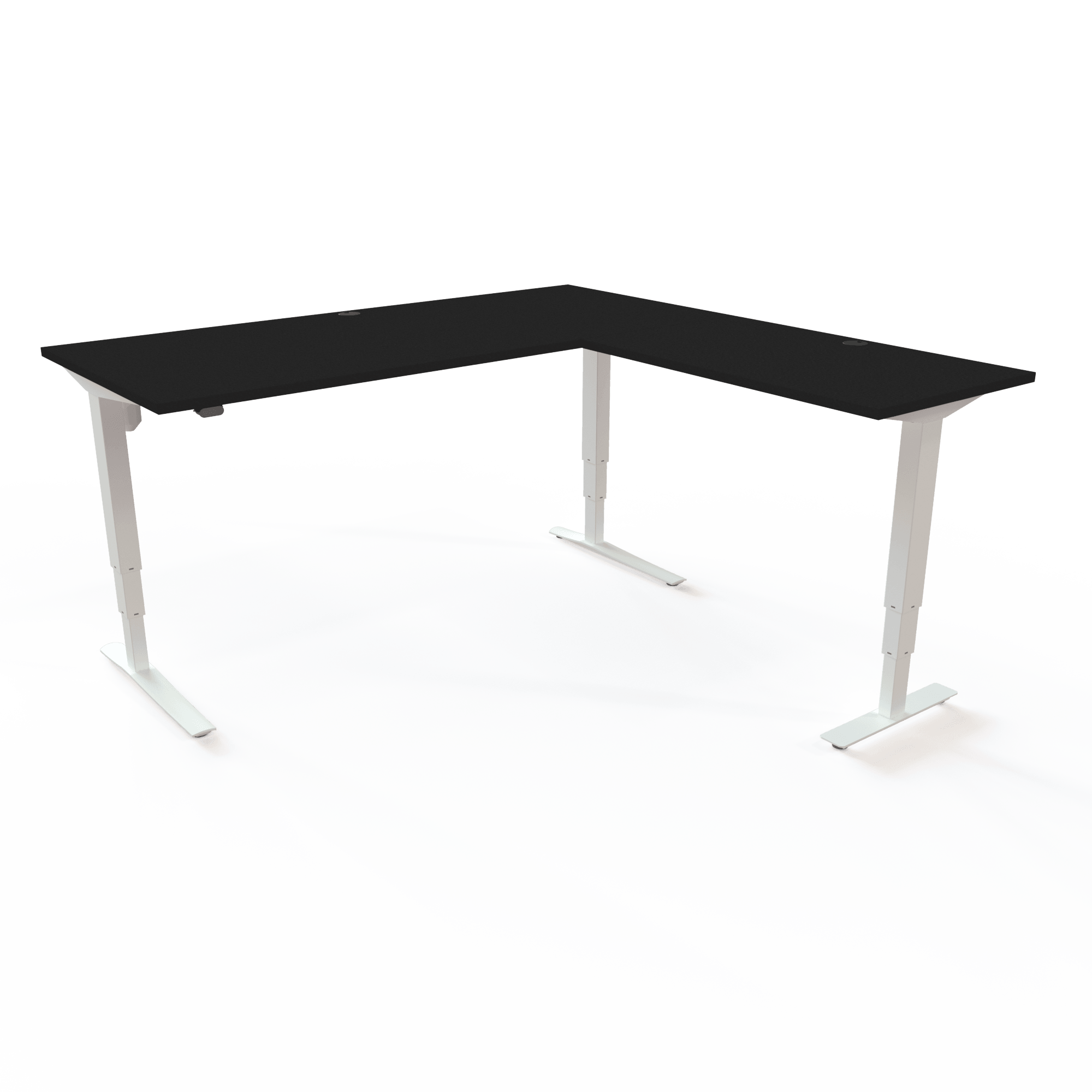 Hæve sænkebord med vinkel med bordplade i sort  og understel i hvid. Størrelsen er 180x180. Højden er 62-130cm og bordet løfter 100kg.