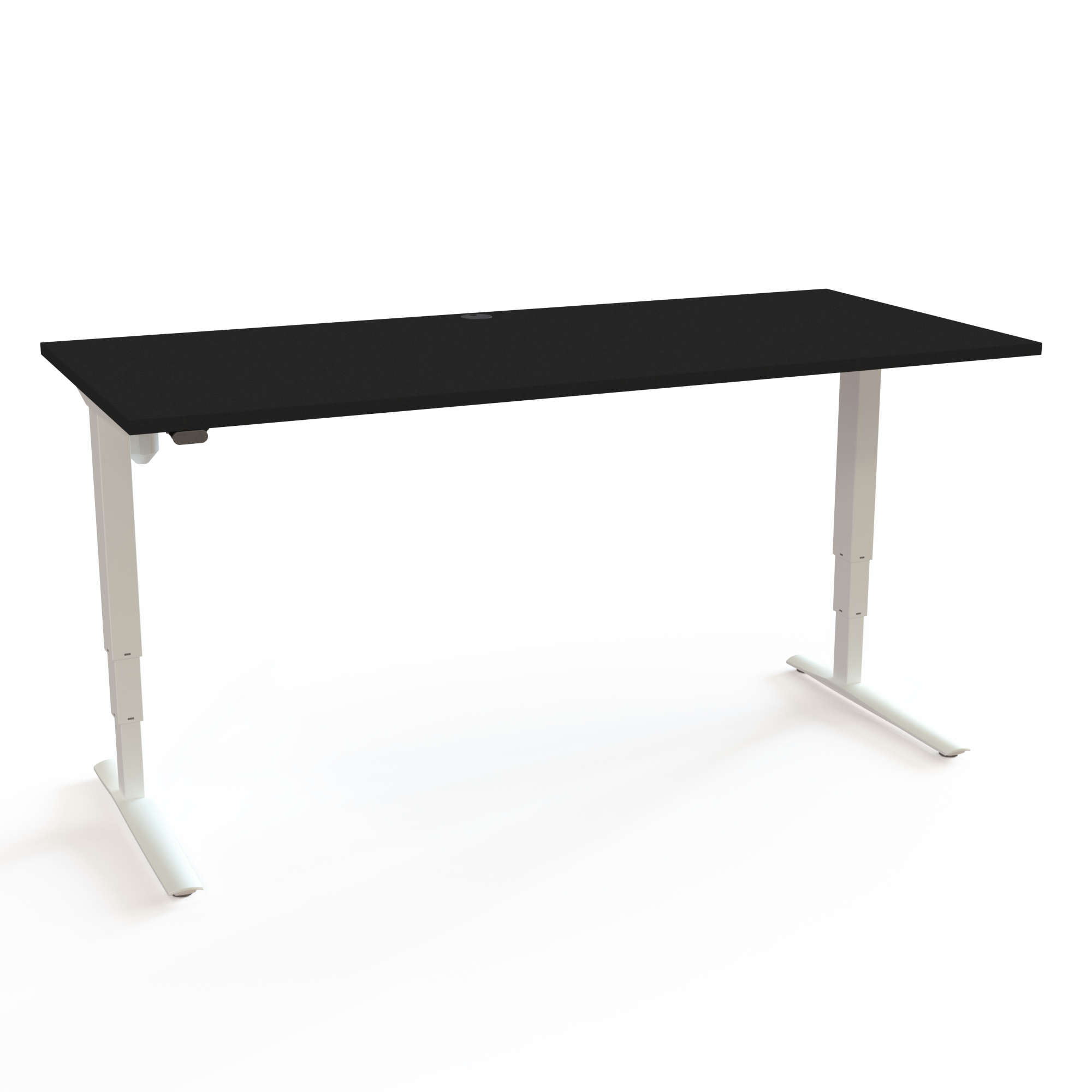 Hæve-/sænke skrivebord med C-understel og tilbagetrukne søjler sikrer maksimal benplads, med bordplade i sort  og understel i hvid. Størrelsen er 180x80. Højden er 62-130cm og bordet løfter 100kg.