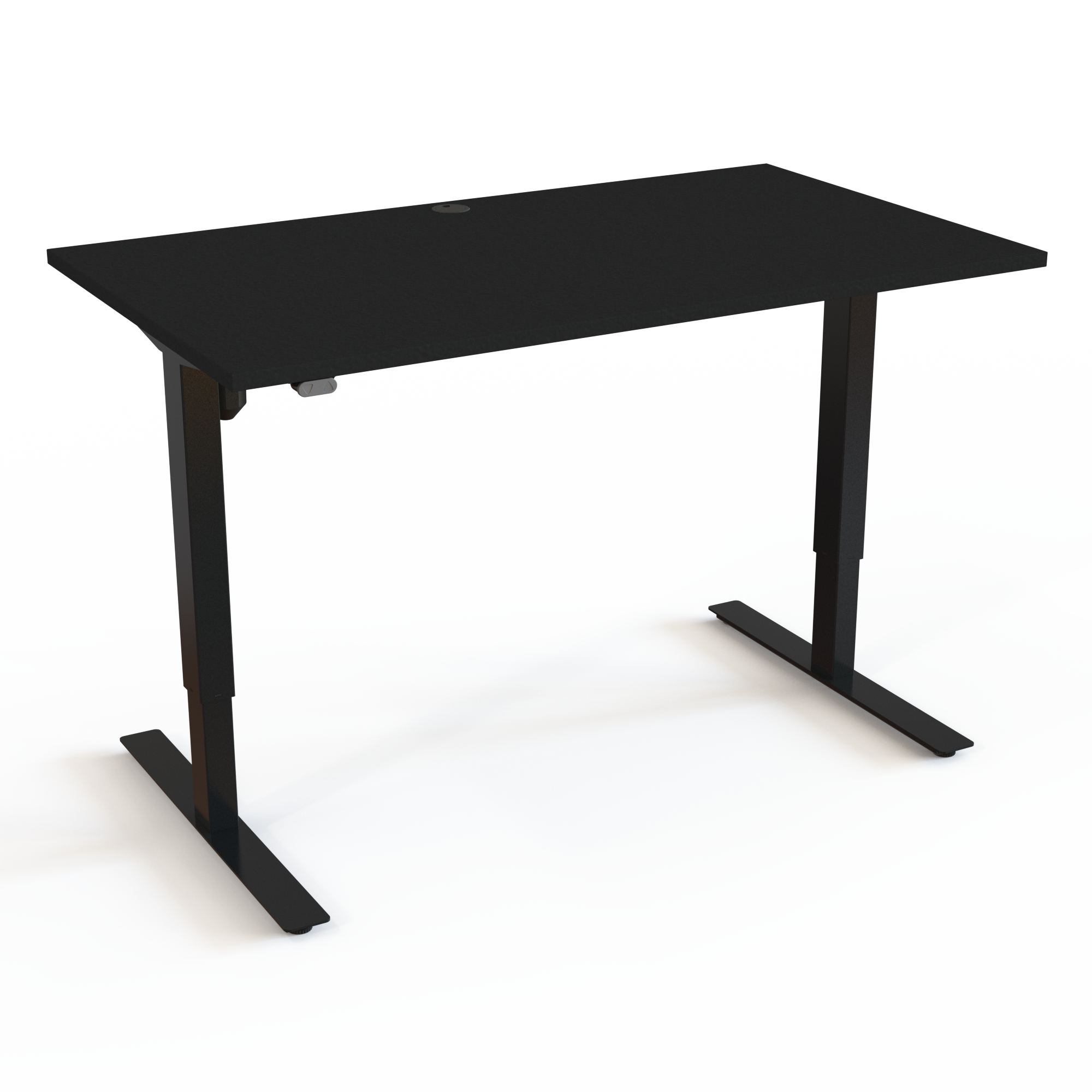 Skrivebord med  symmetrisk understel med bordplade i sort  og understel i sort. Størrelsen er 140x80. Højden er 68-118cm og bordet løfter 150kg.