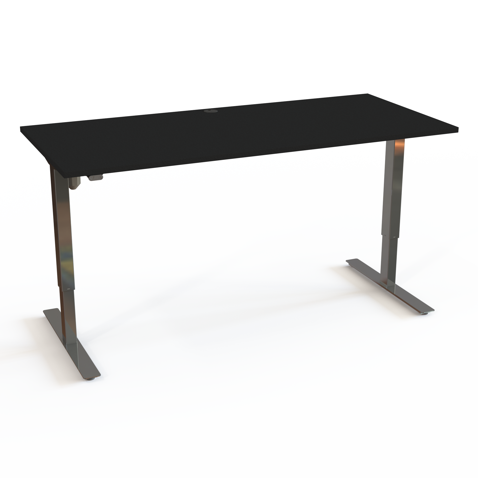 Skrivebord med T-understel med bordplade i sort  og understel i krom. Størrelsen er 180x80. Højden er 68-118cm og bordet løfter 150kg.