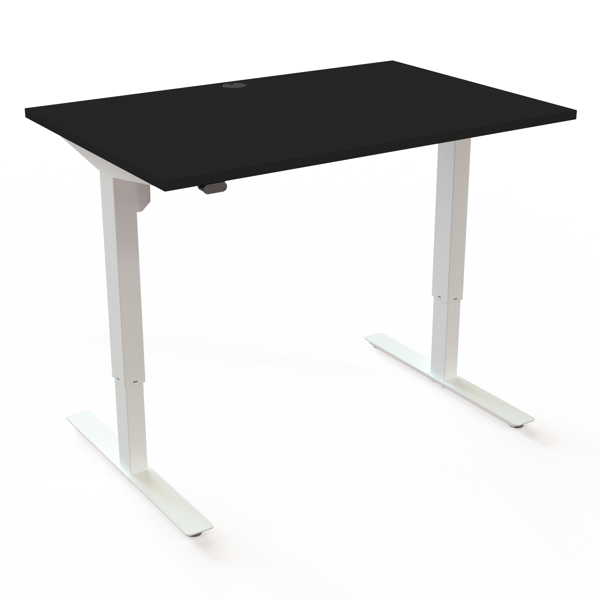 Skrivebord med T-understel med bordplade i sort  og understel i hvid. Størrelsen er 120x80. Højden er 68-118cm og bordet løfter 150kg.