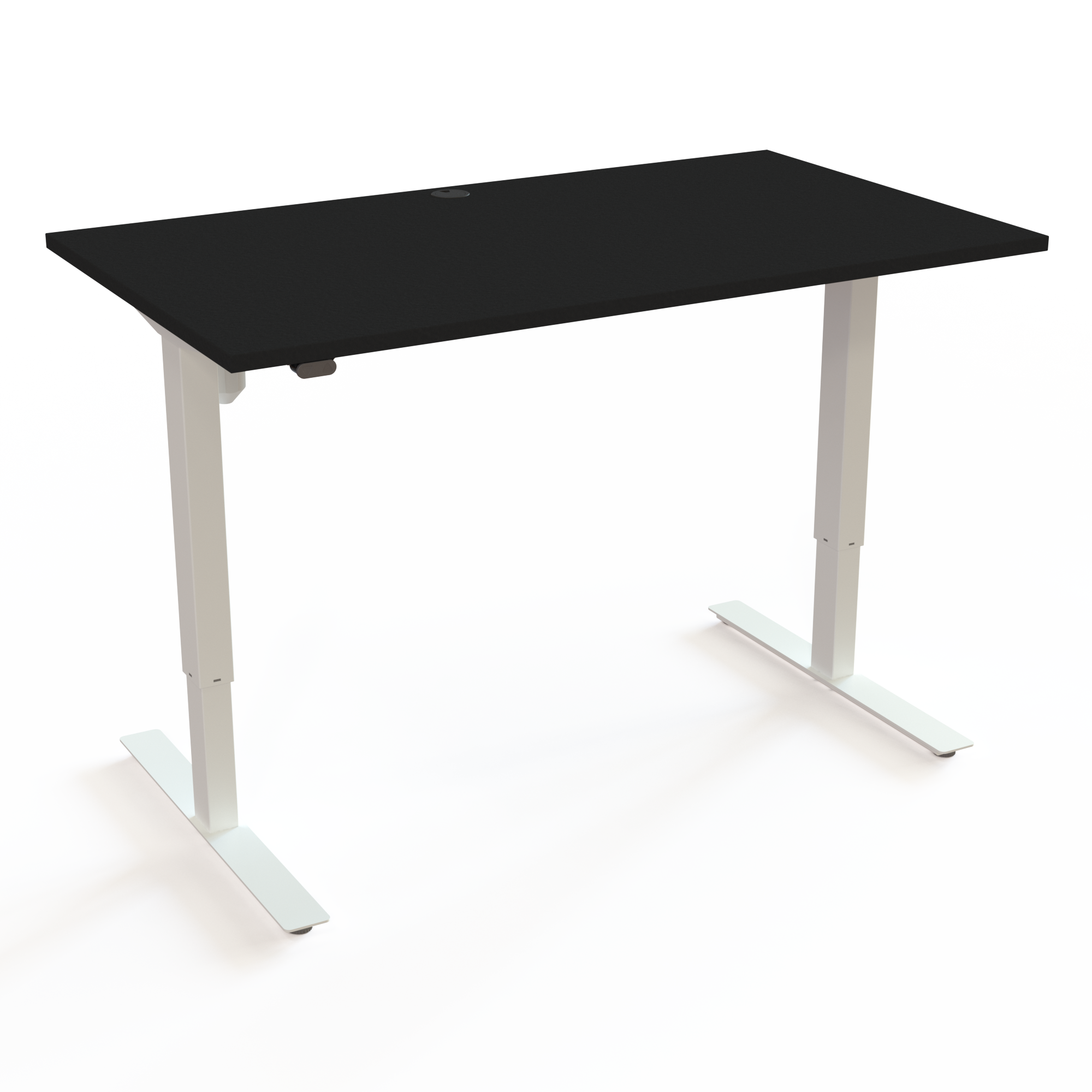 HS-bord med en ligetil betjening, op/ned og ikke mere med bordplade i sort  og understel i hvid. Størrelsen er 140x80. Højden er 68-118cm og bordet løfter 150kg.