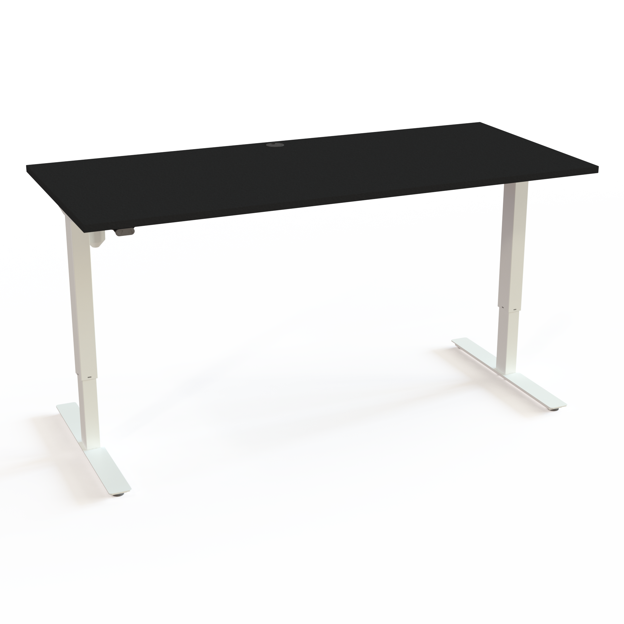 Skrivebord med  symmetrisk understel med bordplade i sort  og understel i hvid. Størrelsen er 180x80. Højden er 68-118cm og bordet løfter 150kg.