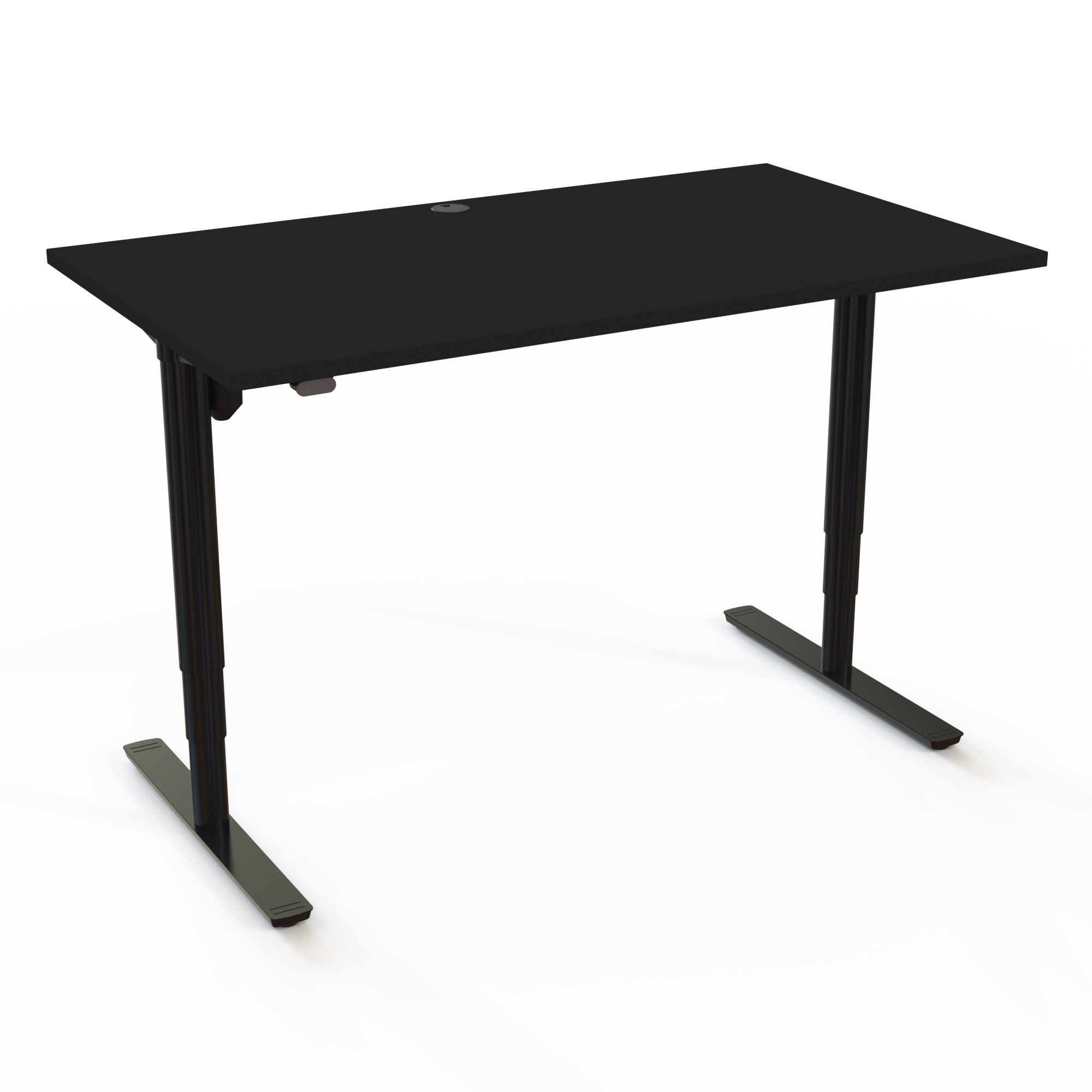 Det elektriske skrivebord med runde søjler tilbyder et minimalistisk udtryk med bordplade i sort  og understel i sort. Størrelsen er 140x80. Højden er 65-125cm og bordet løfter 100kg.