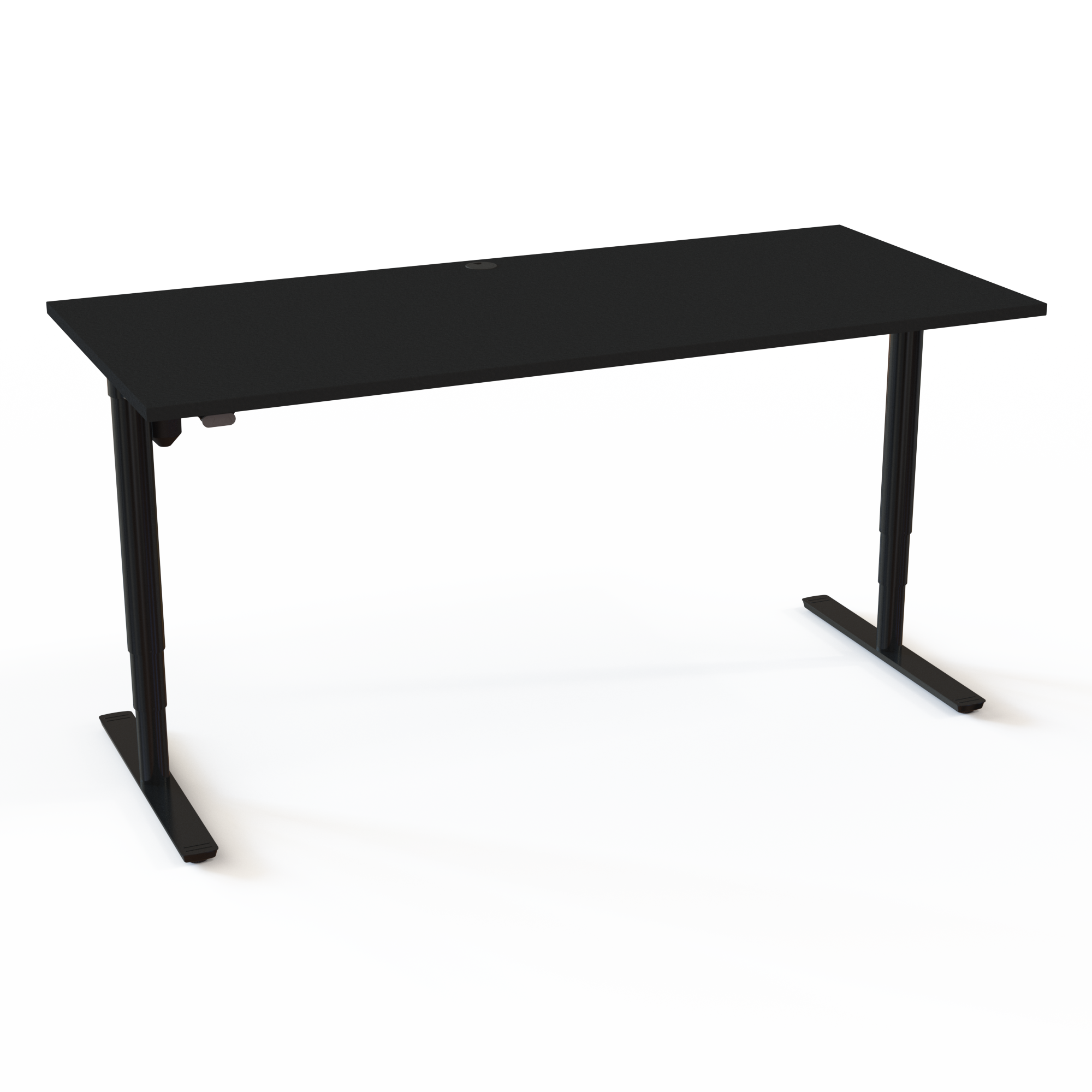 Det justerbare skrivebord med cylindriske søjler har et tidløst og blødt udtryk med bordplade i sort  og understel i sort. Størrelsen er 180x80. Højden er 65-125cm og bordet løfter 100kg.