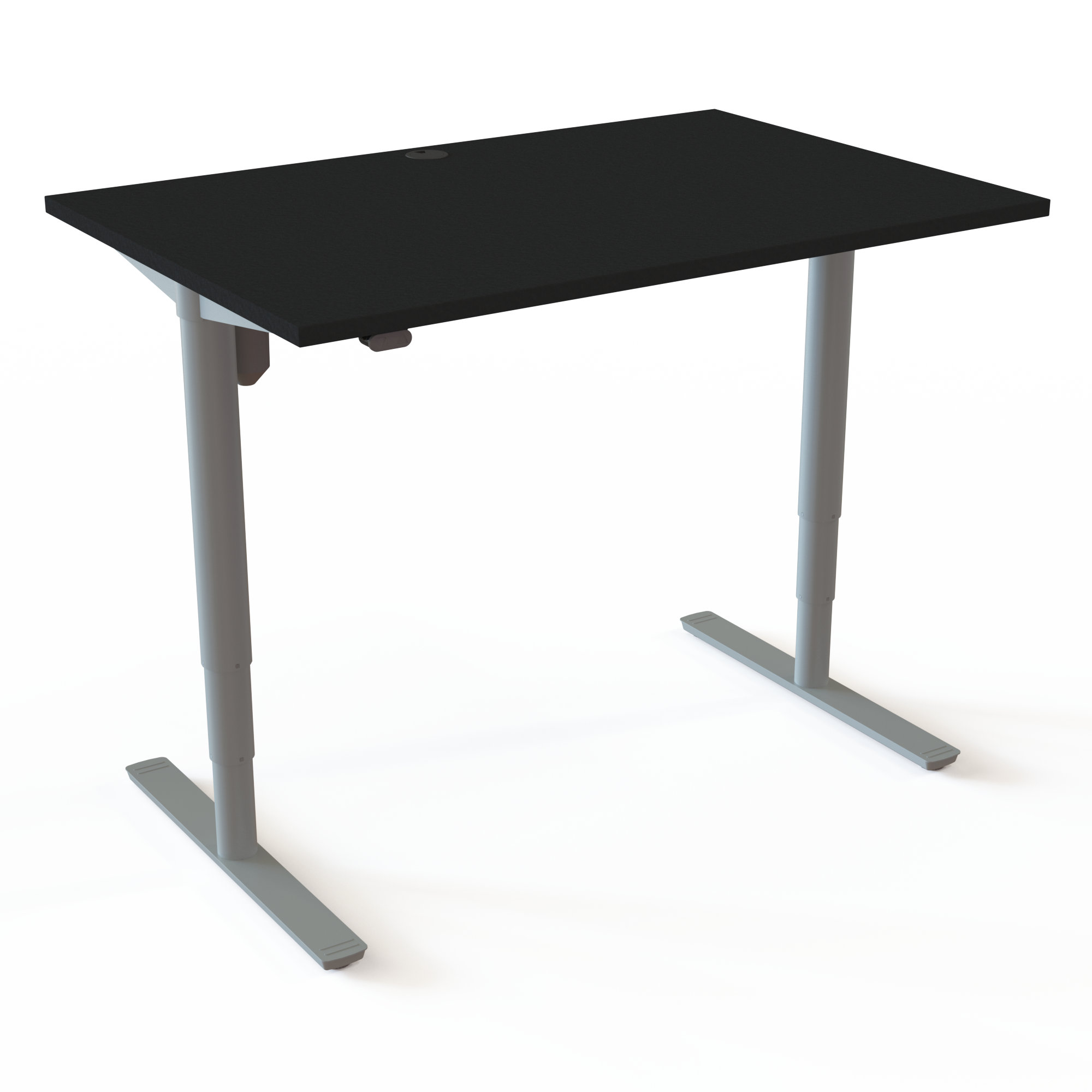 Hæve-/sænkebordet med cylindriske søjler har en unik og karakteristisk fod, med bordplade i sort  og understel i sølv. Størrelsen er 120x80. Højden er 65-125cm og bordet løfter 100kg.