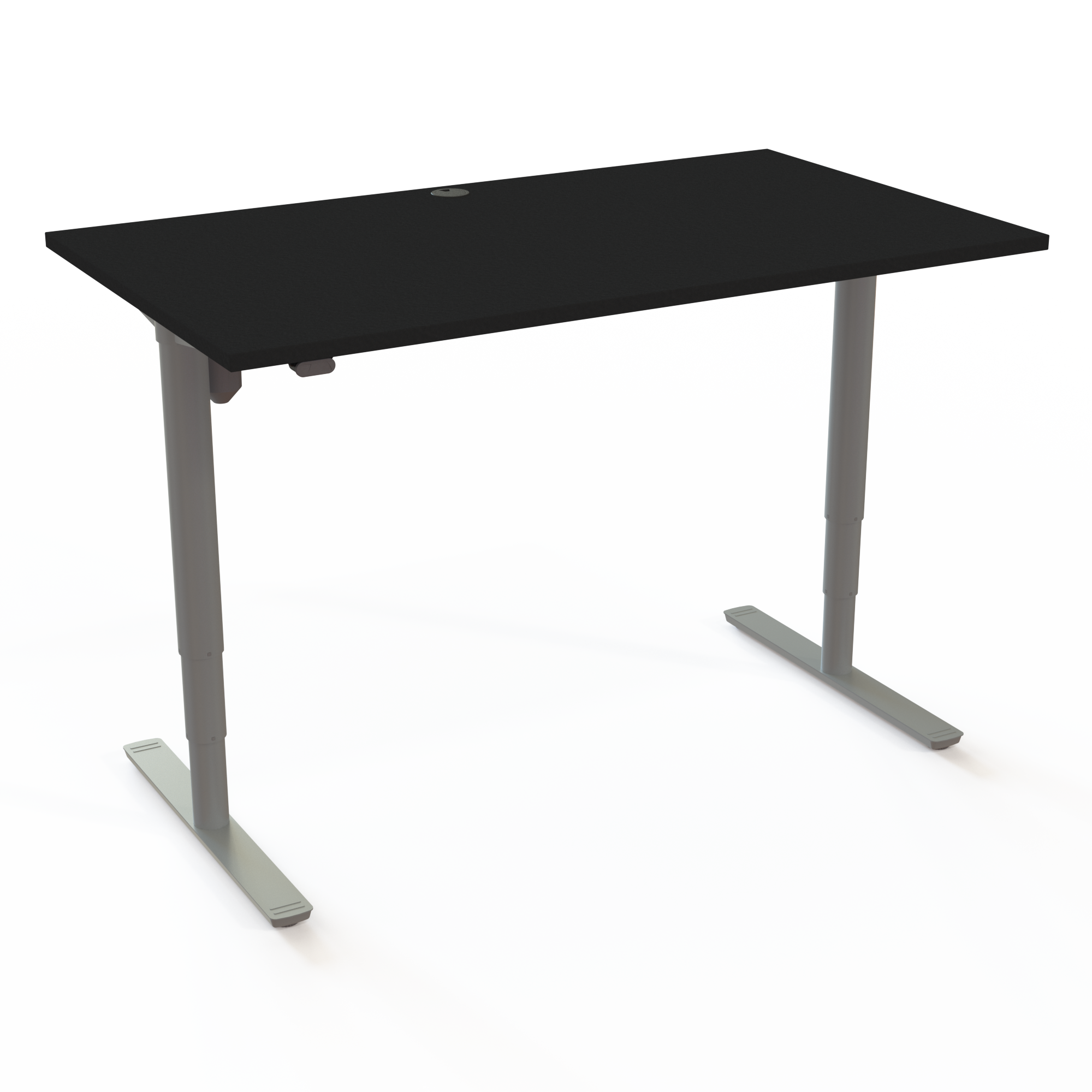 Hæve-/sænkebordet med cylindriske søjler sikrer god højdejustering med bordplade i sort  og understel i sølv. Størrelsen er 140x80. Højden er 65-125cm og bordet løfter 100kg.