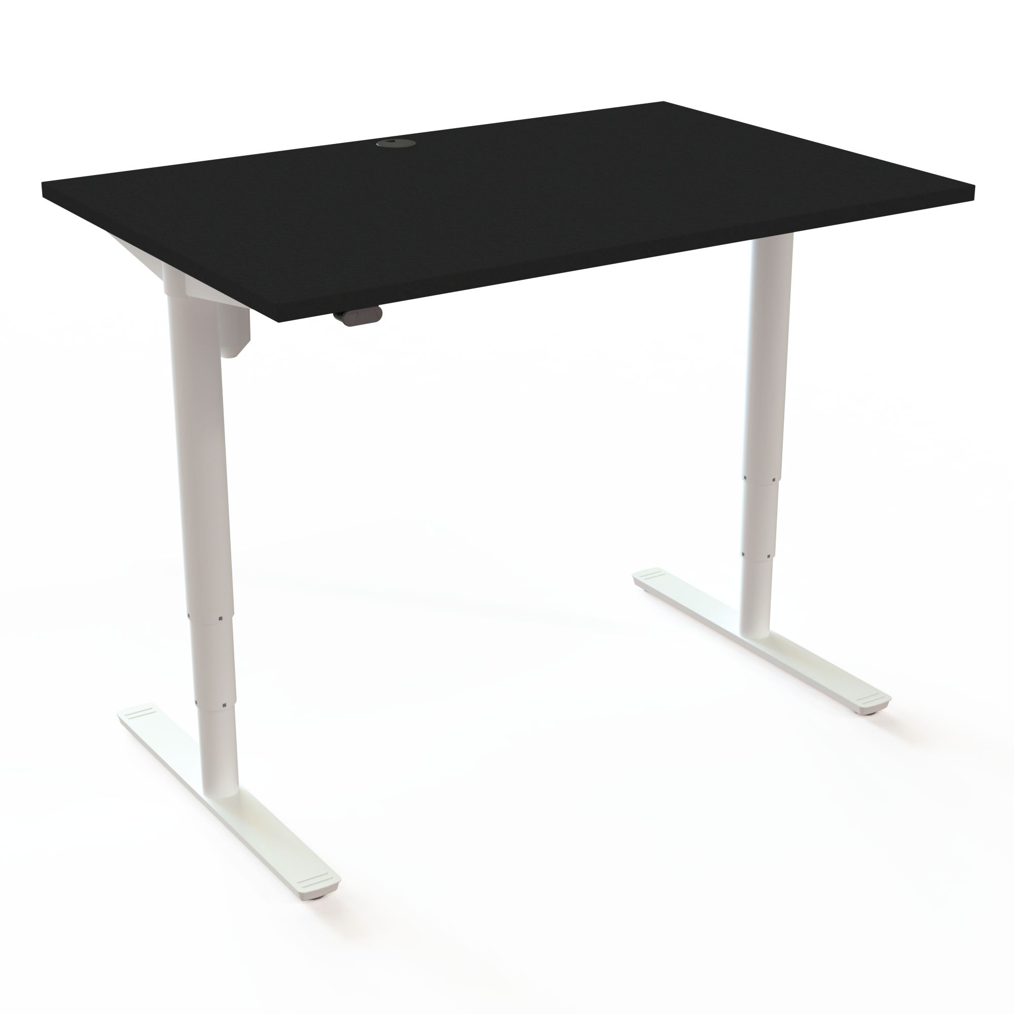 Hæve-/sænkebordet med runde søjler har et symmetrisk design, med bordplade i sort  og understel i hvid. Størrelsen er 120x80. Højden er 65-125cm og bordet løfter 100kg.