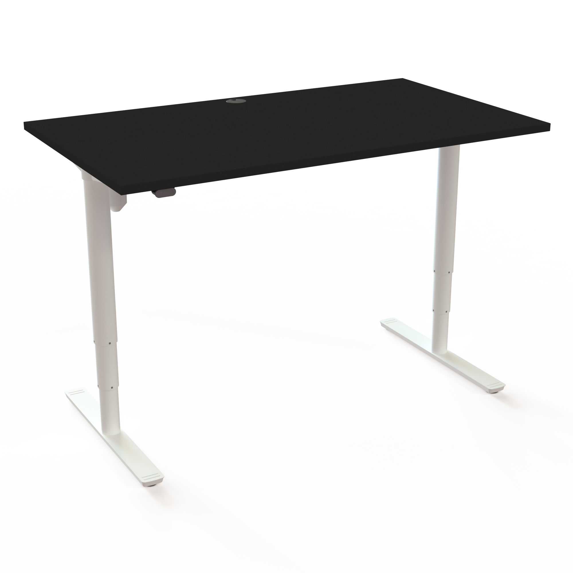 Dette hæve-/sænkebord med cylindriske søjler har en stor løfteevne, med bordplade i sort  og understel i hvid. Størrelsen er 140x80. Højden er 65-125cm og bordet løfter 100kg.